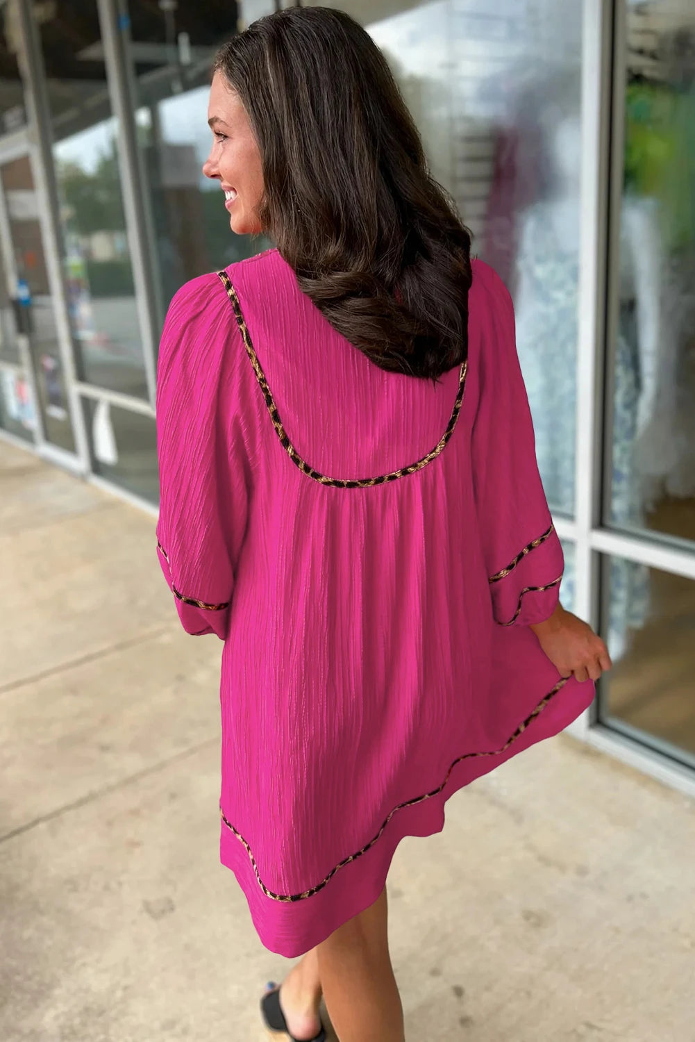 Fiery Red Textured V Neck Leopard Contrasted Trim Long Sleeve Shift Mini Dress