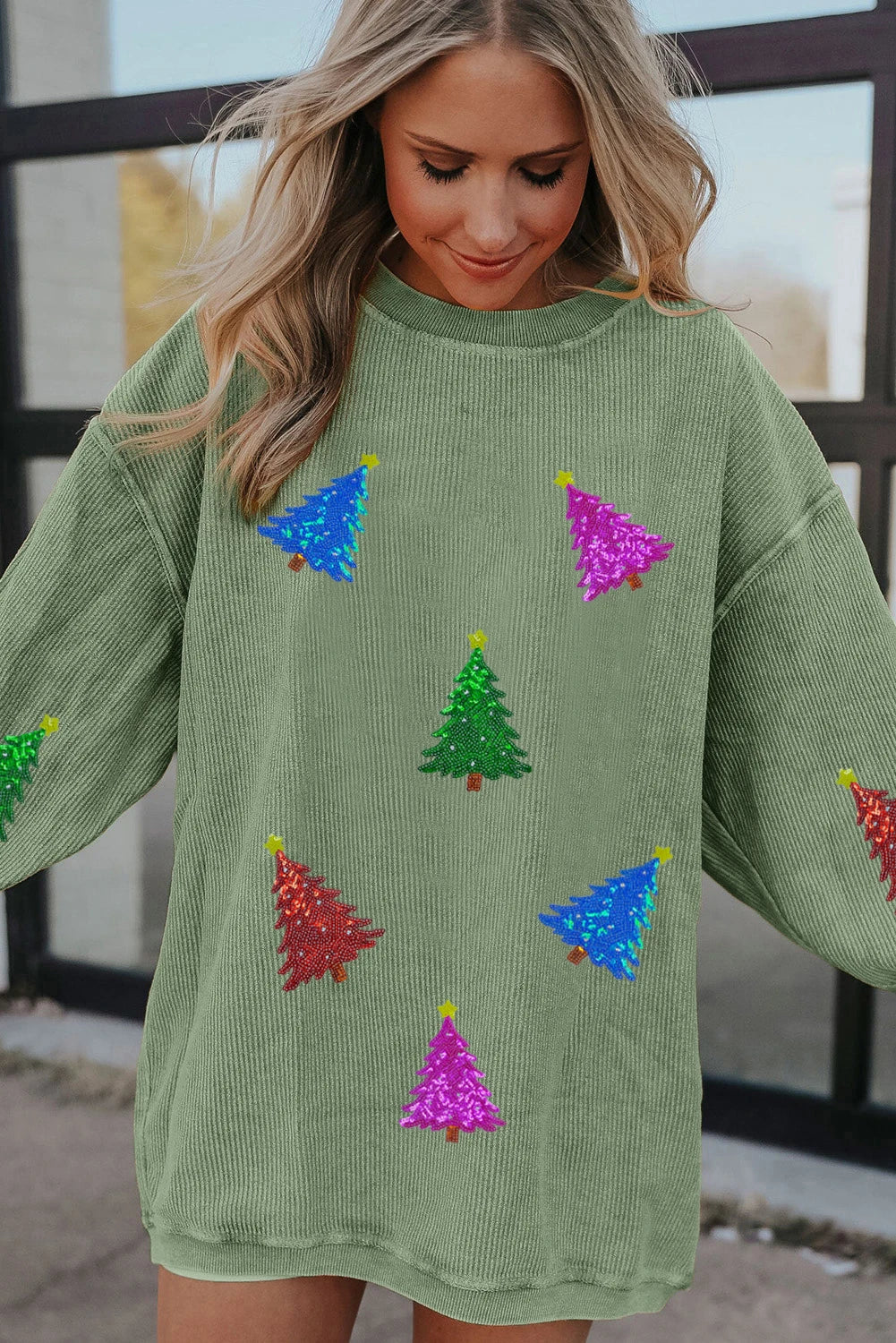 Grass Green Glitter Christmas Tree Patched Pattern Corded Baggy Sweatshirt