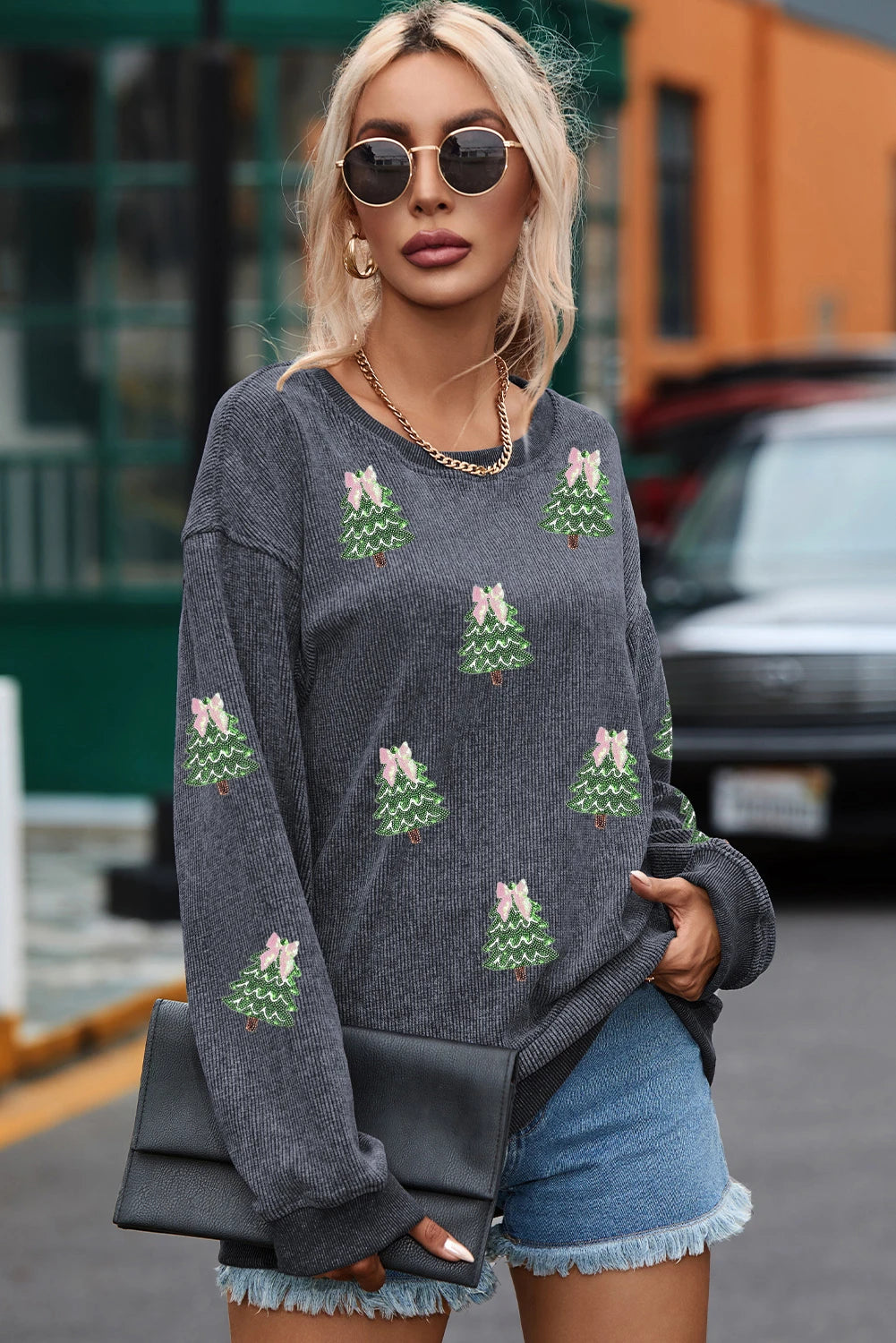 Gray Ribbed Round Neck Sequin Christmas Tree Patched Baggy Sweatshirt