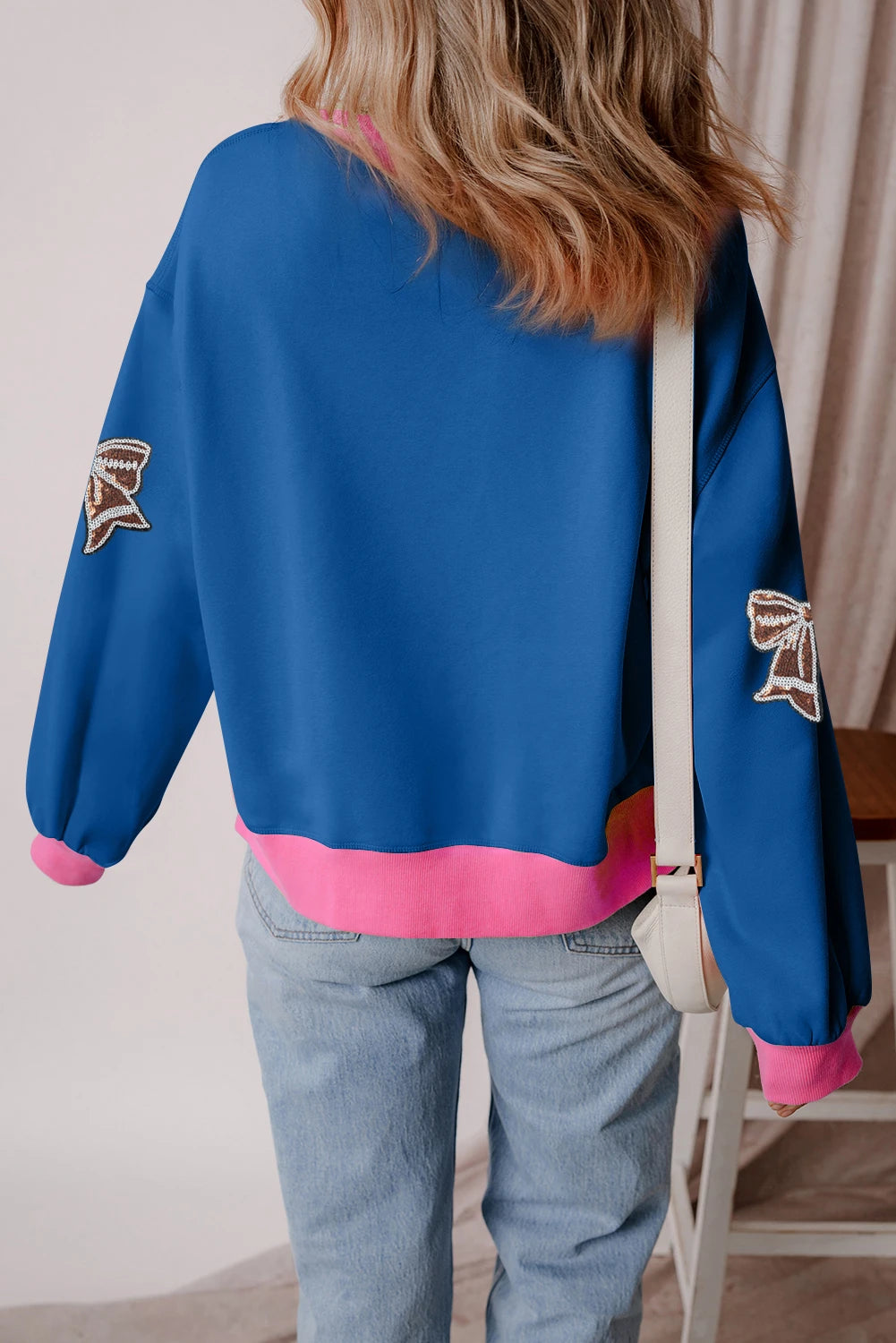 Blue Colorblock Patchwork Sequin Rugby Bow Patched Puff Sleeve Sweatshirt