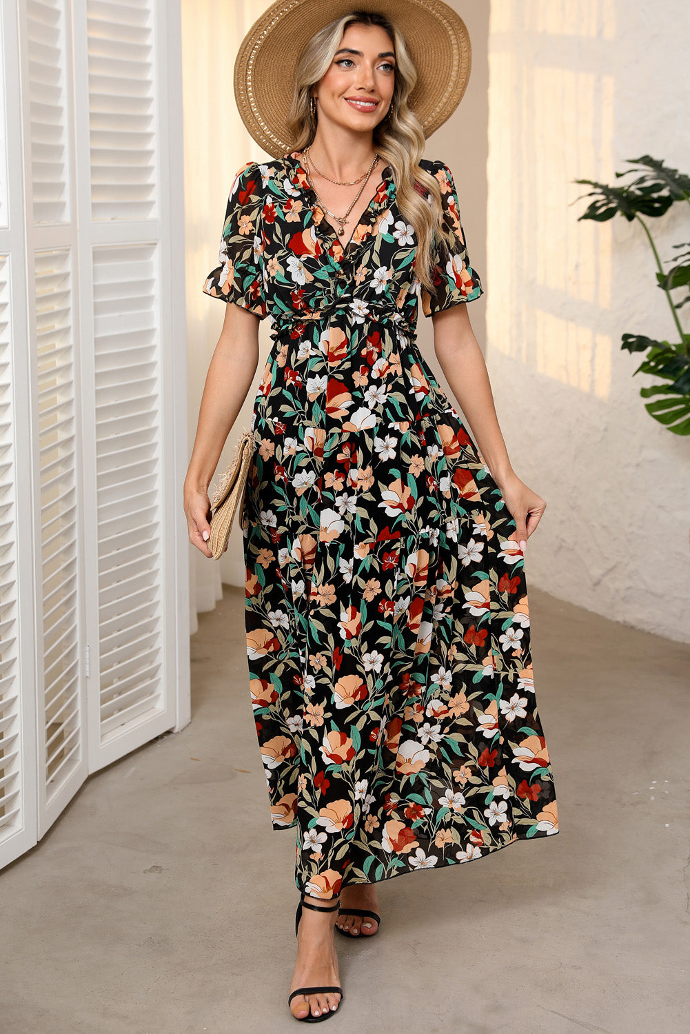 Green Fiery Floral Print Frilled V Neck Short Sleeve Maxi Dress