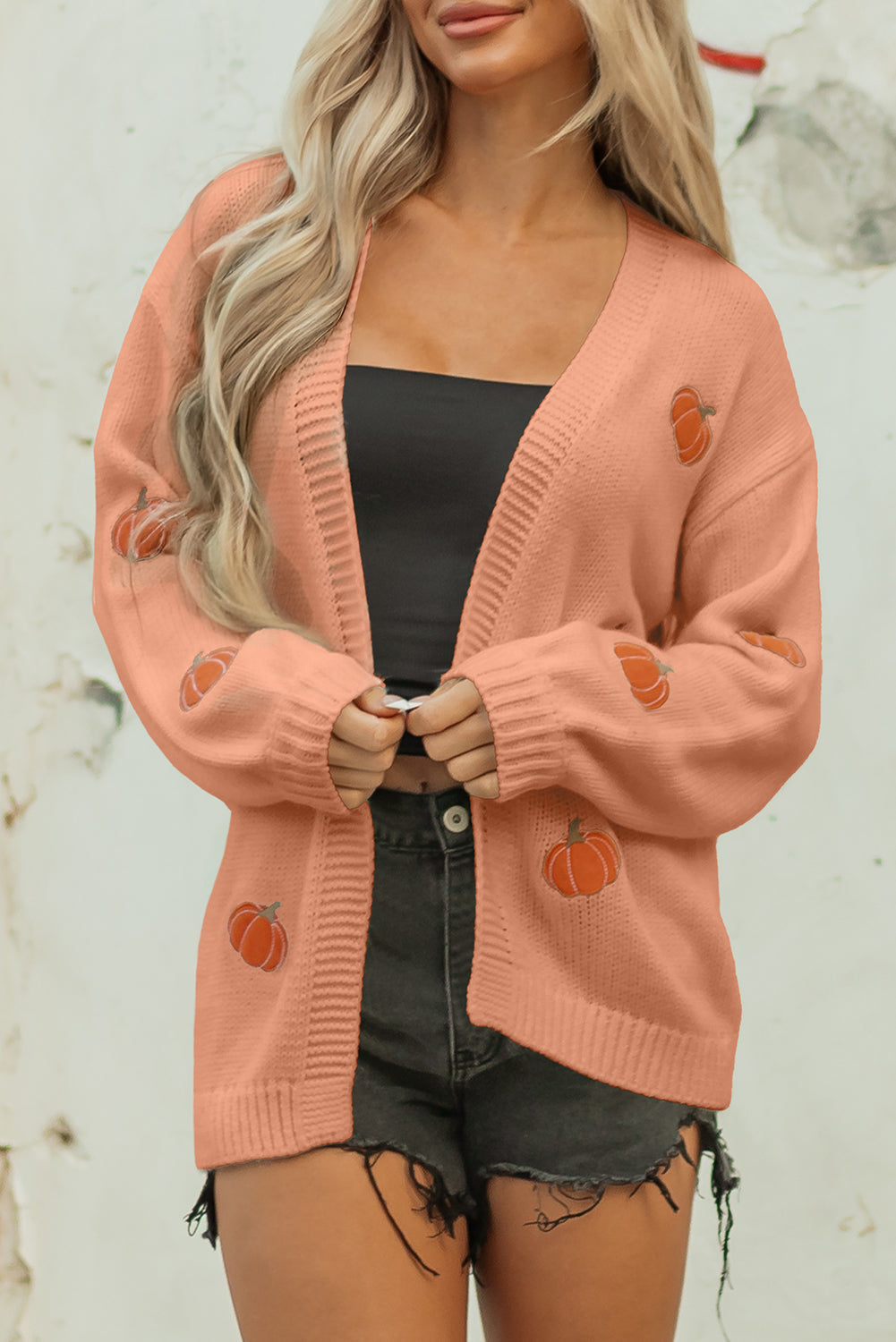 White Pumpkin Print Open Front Drop Shoulder Midi Cardigan