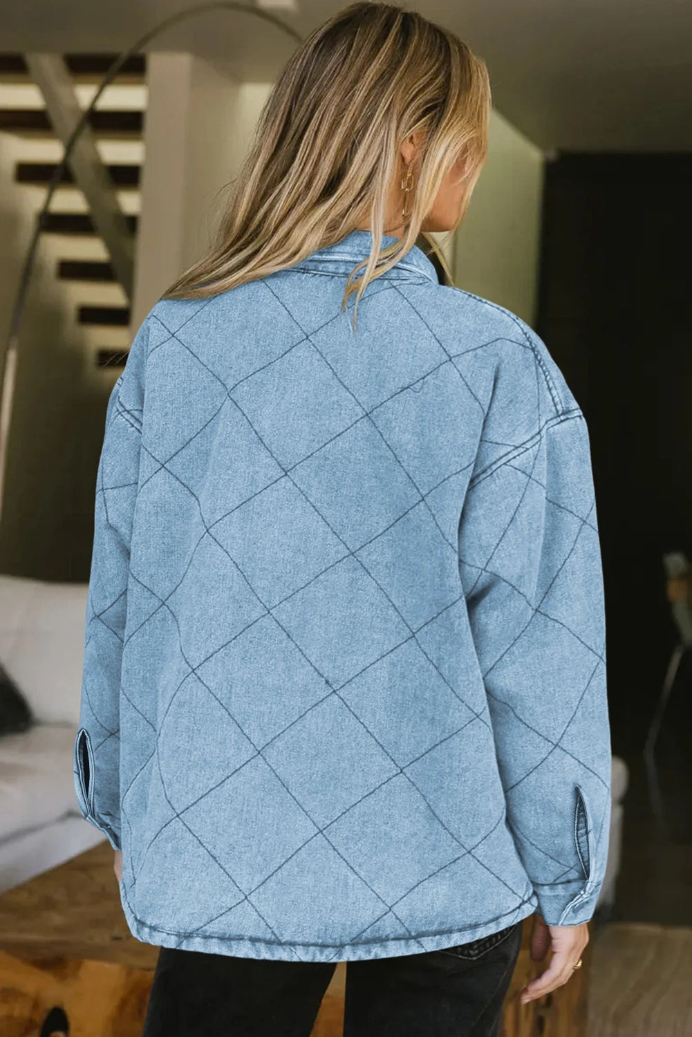 Black Rhombus Stitched Pattern Button Pocketed Denim Jacket