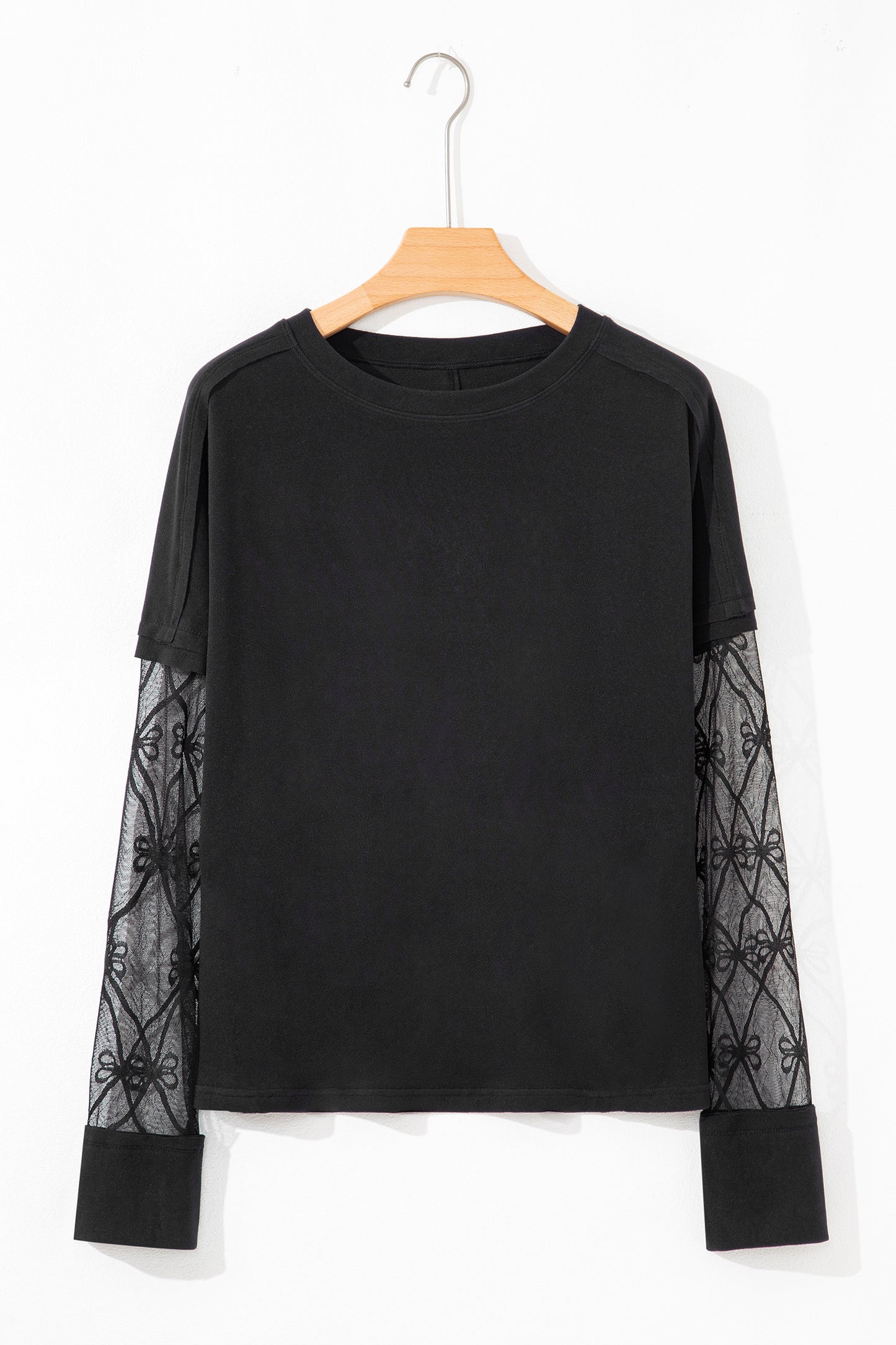 Black Solid Color Bow Textured Patchwork Long Sleeve Tee