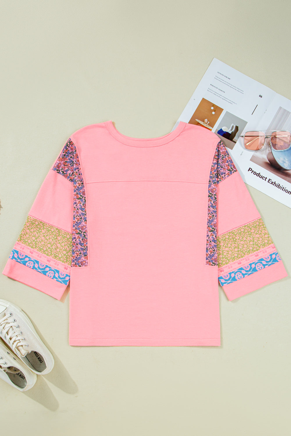 Gossamer Pink Floral Color Block Patchwork Long Sleeve Top