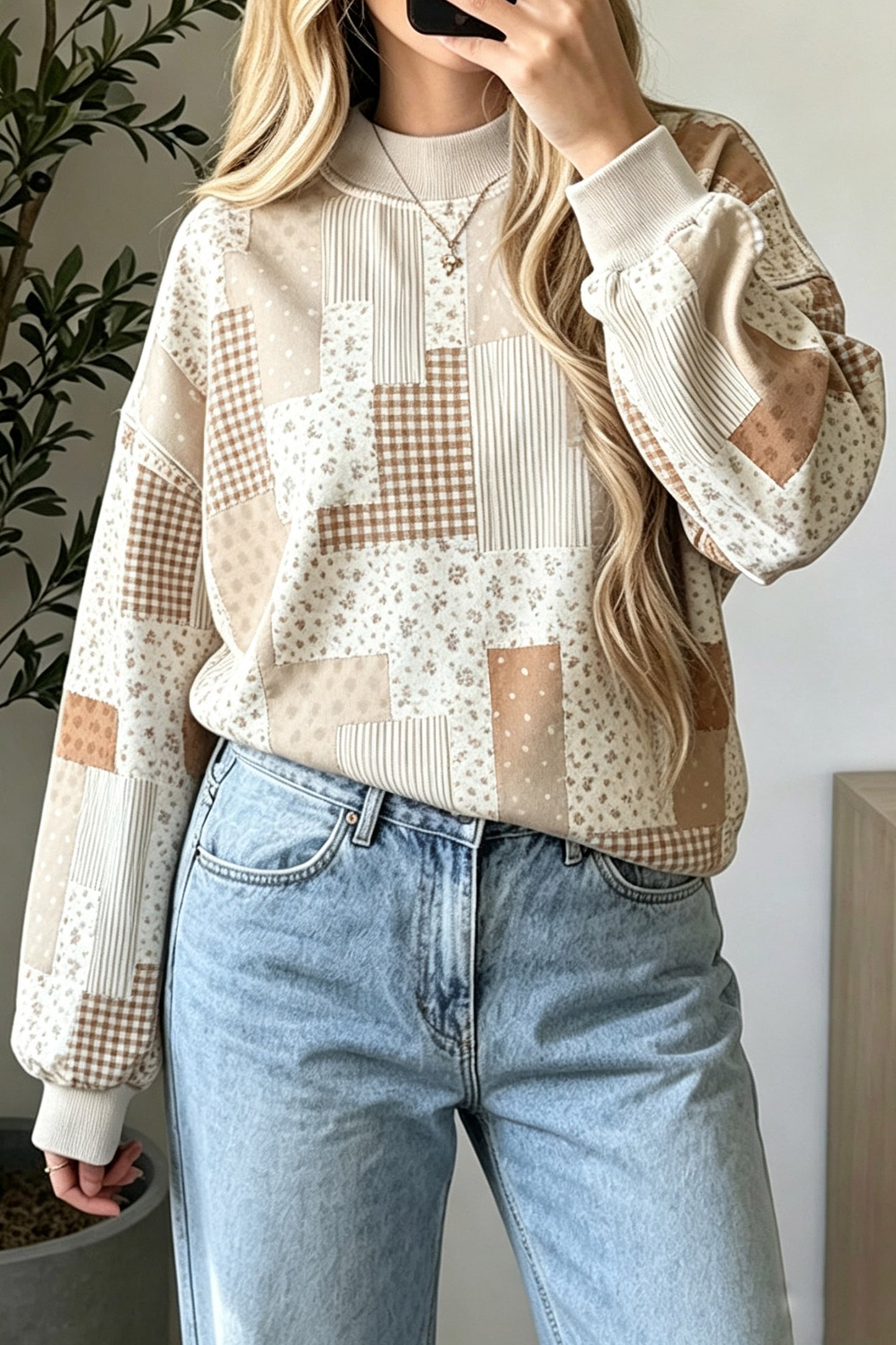 Khaki Patchwork Floral Print Mock Neck Long Sleeve Sweatshirt