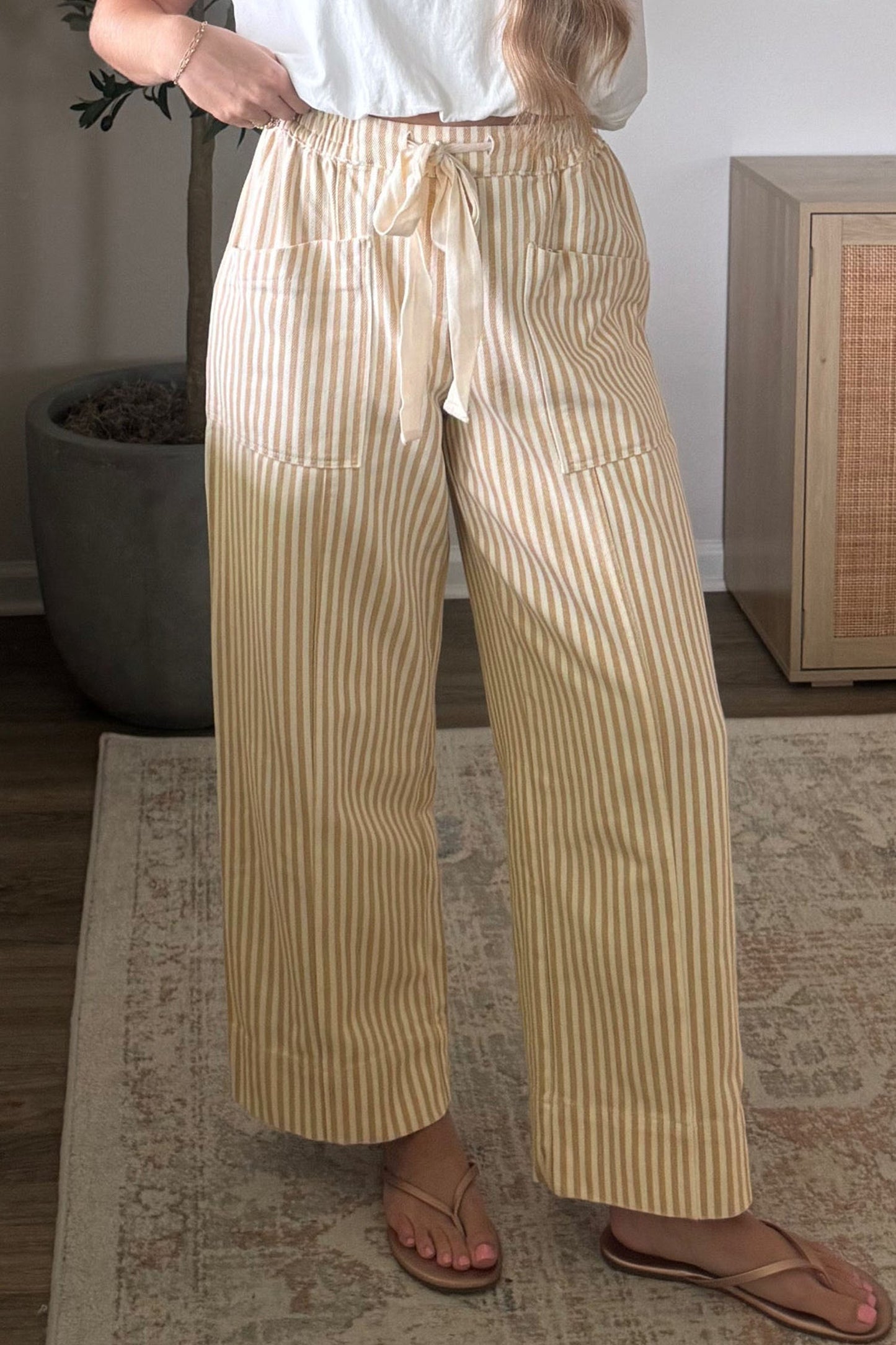 Apricot Stripe Ribbon Drawstring Waist Full-Length Shift Pant