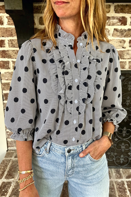 Black white Polka Dot Striped Print Ruffle Stand Neck 3/4 Sleeve Shift Shirt