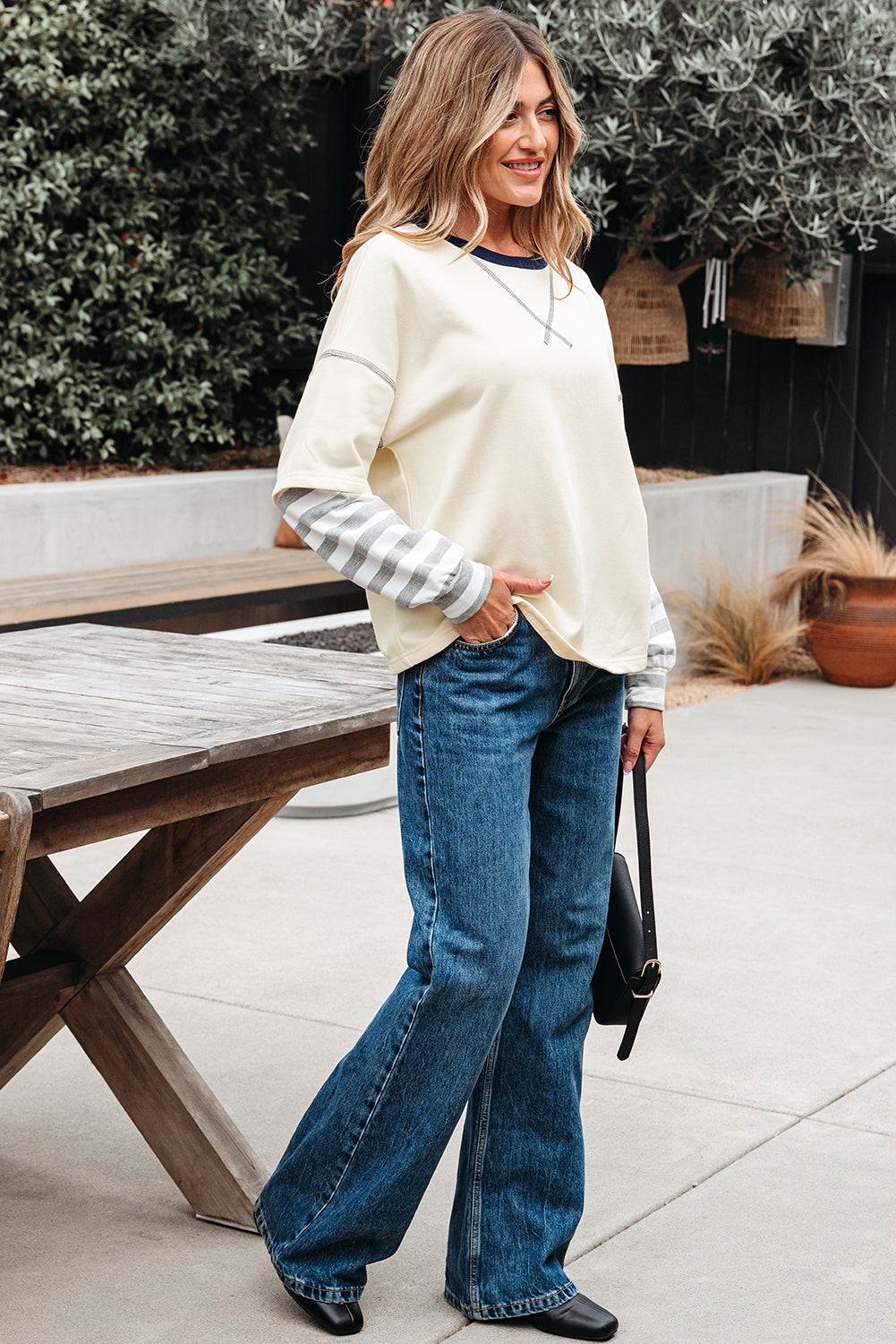 Beige Striped Patchwork Long Sleeve Round Neck Two-in-one Top