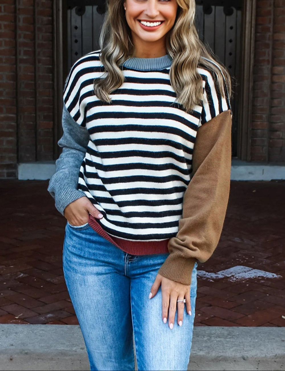 Striped Panels Colorblock Sleeve Chic Sweater