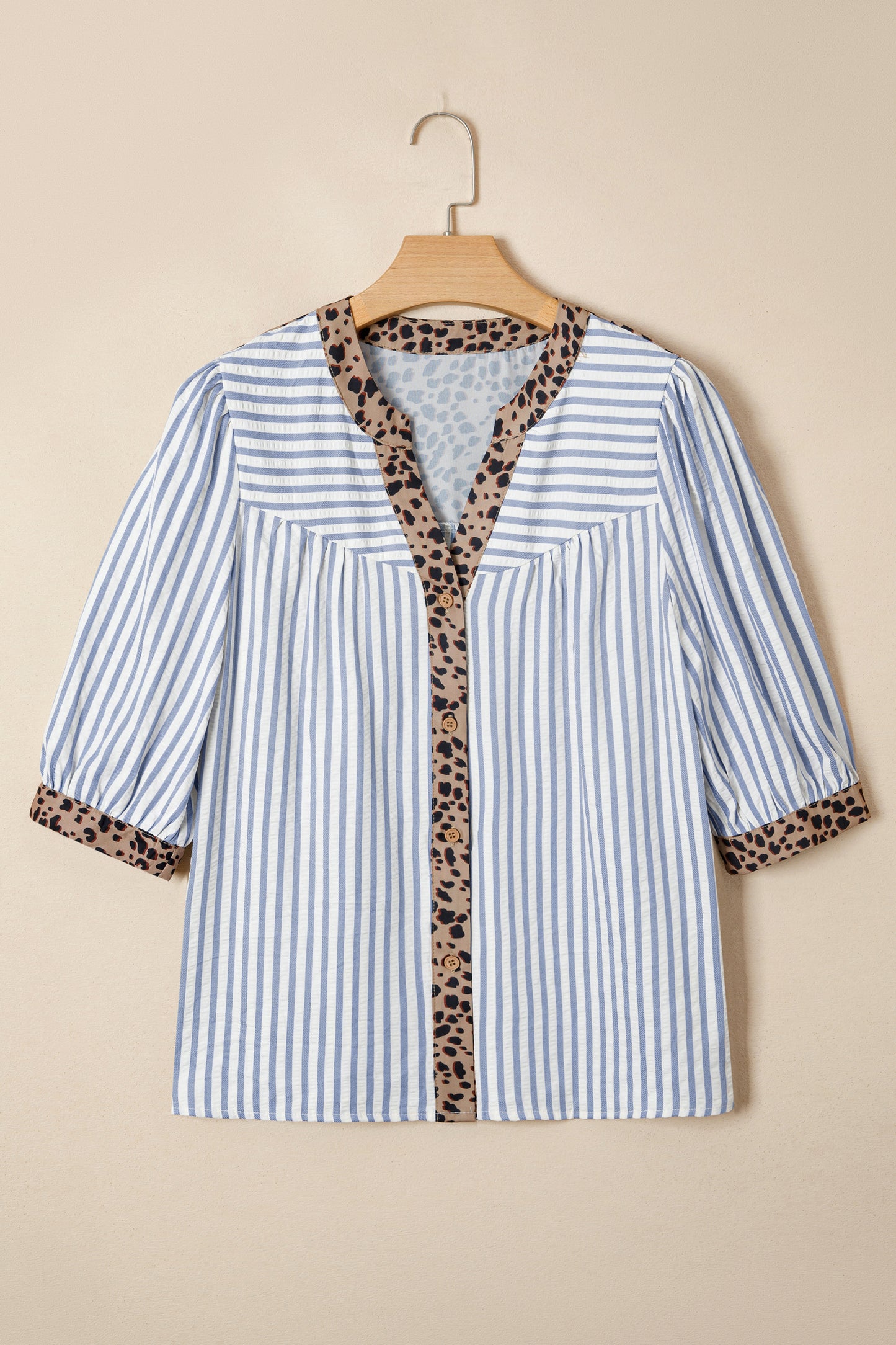 Pink Stripe Leopard Trim V Neck Button Down Half Sleeve Shirt