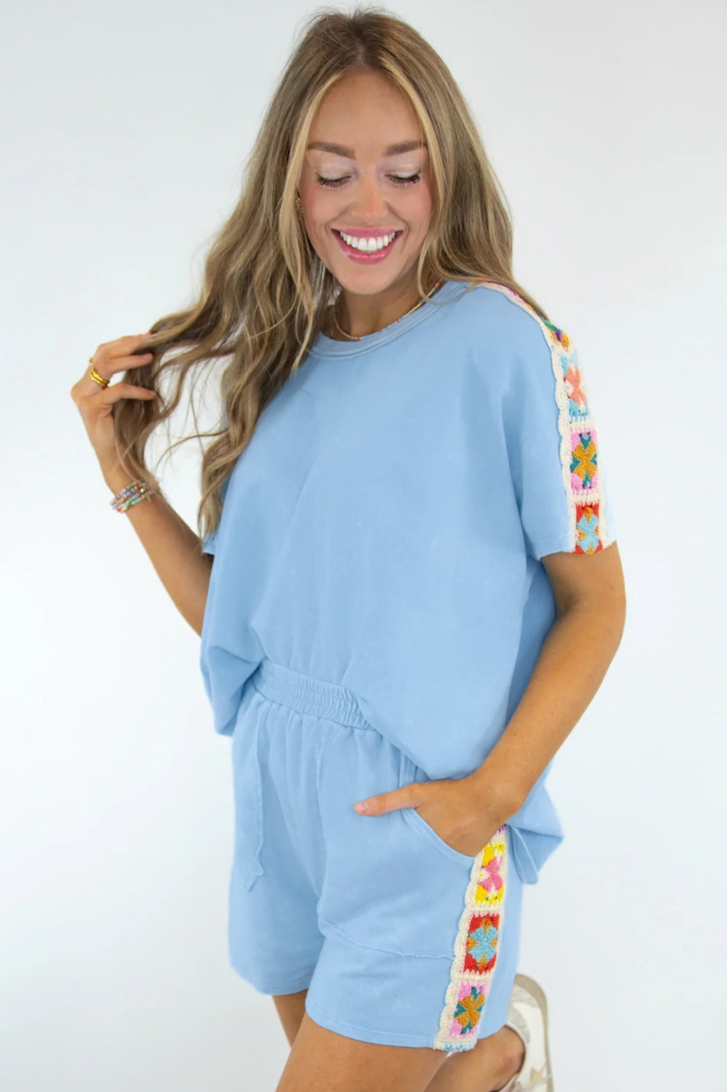 Solid Cotton Short Set Crochet Trim Lounge Outfit