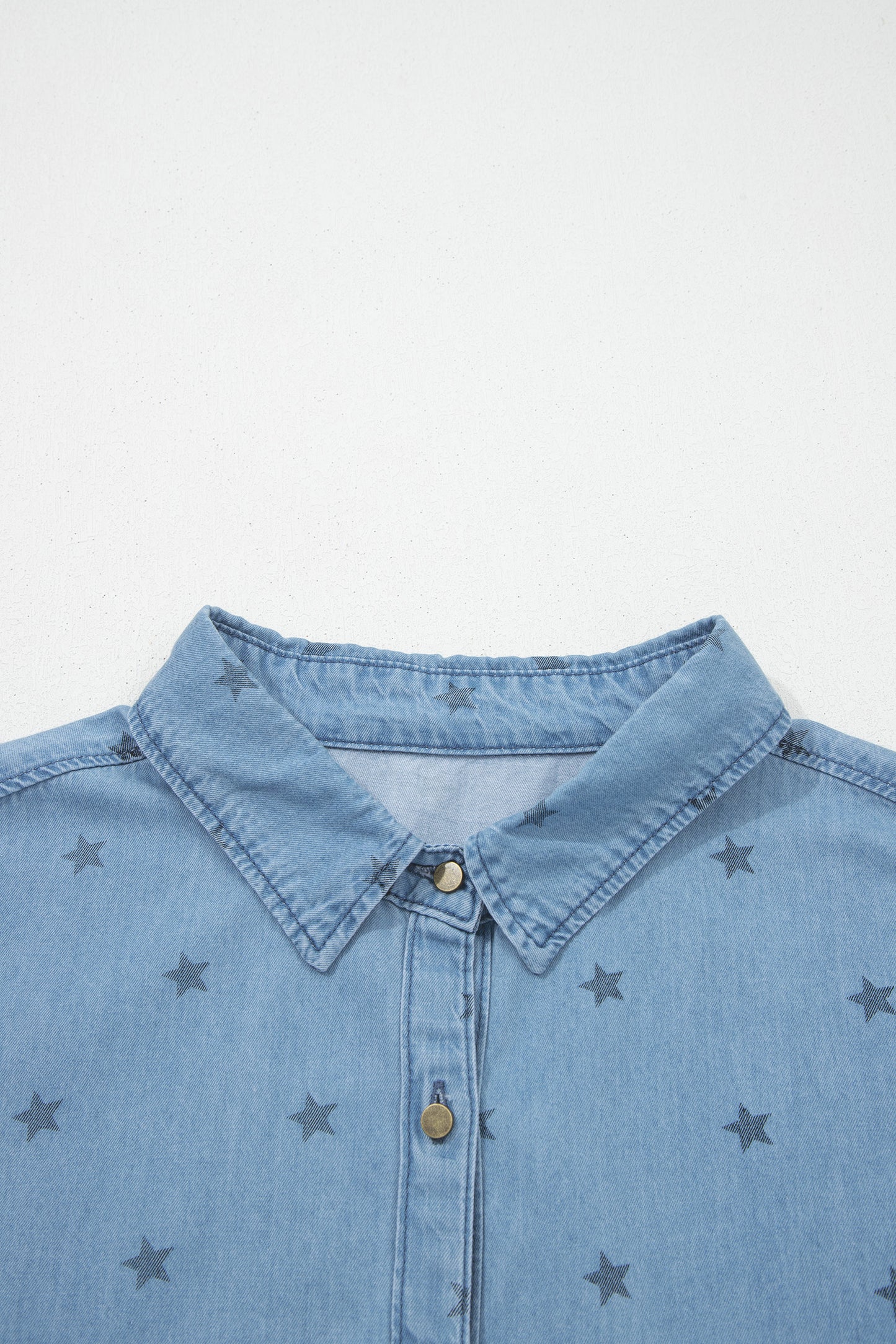 Beau Blue Star Allover Print Double Chest Pocket Short Sleeve Denim Shirt