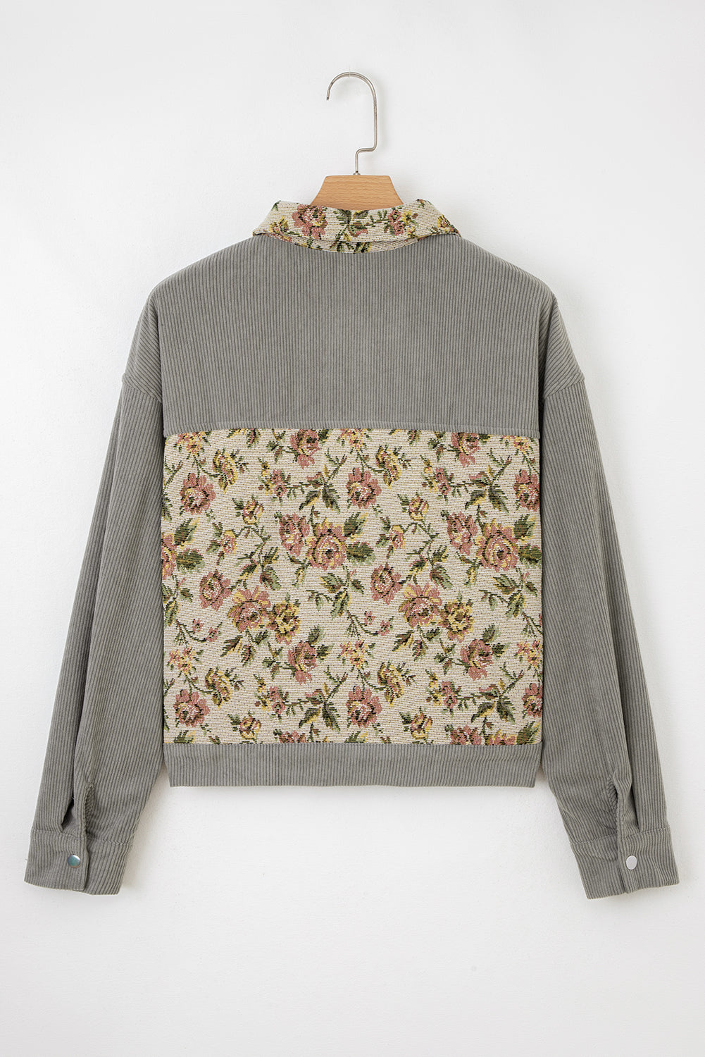Sage Green Ribbed Retro Floral Patchwork Shirt Style Jacket
