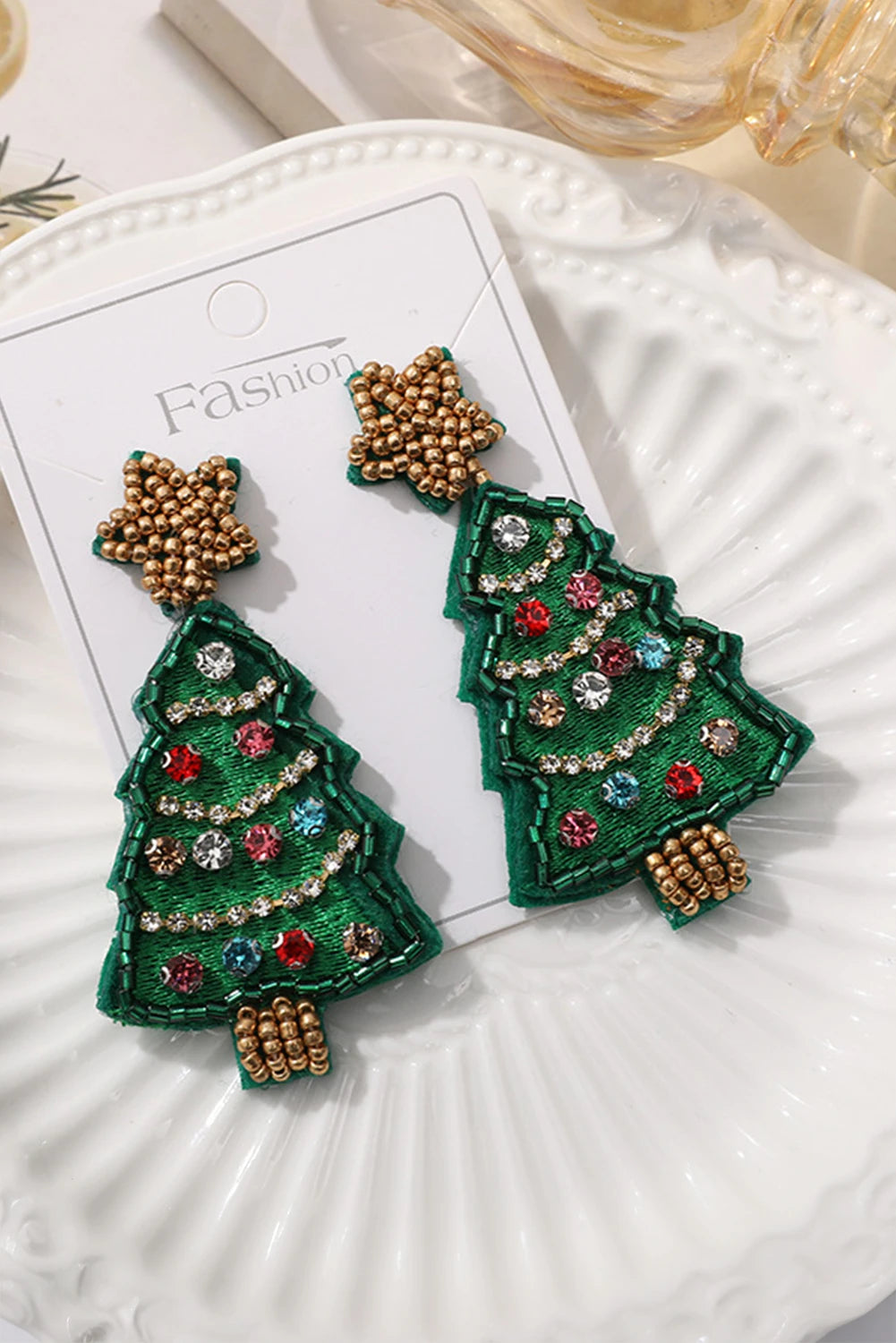 Dark Green Christmas Tree Rhinestone Star Beaded Earrings