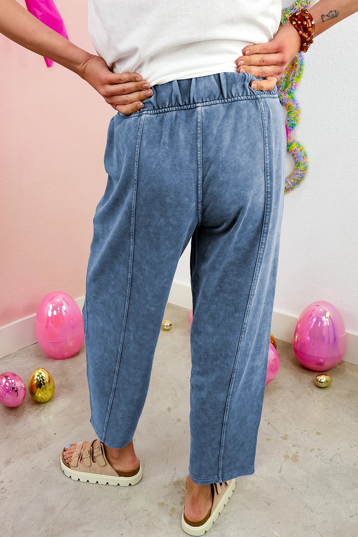 Coffee Mineral Wash Seam Detail Elastic Waist Barrel Pants