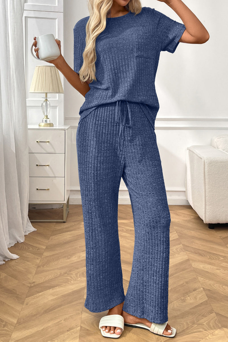 Ribbed Knit Lounge Set with Short Sleeve Top and Pants