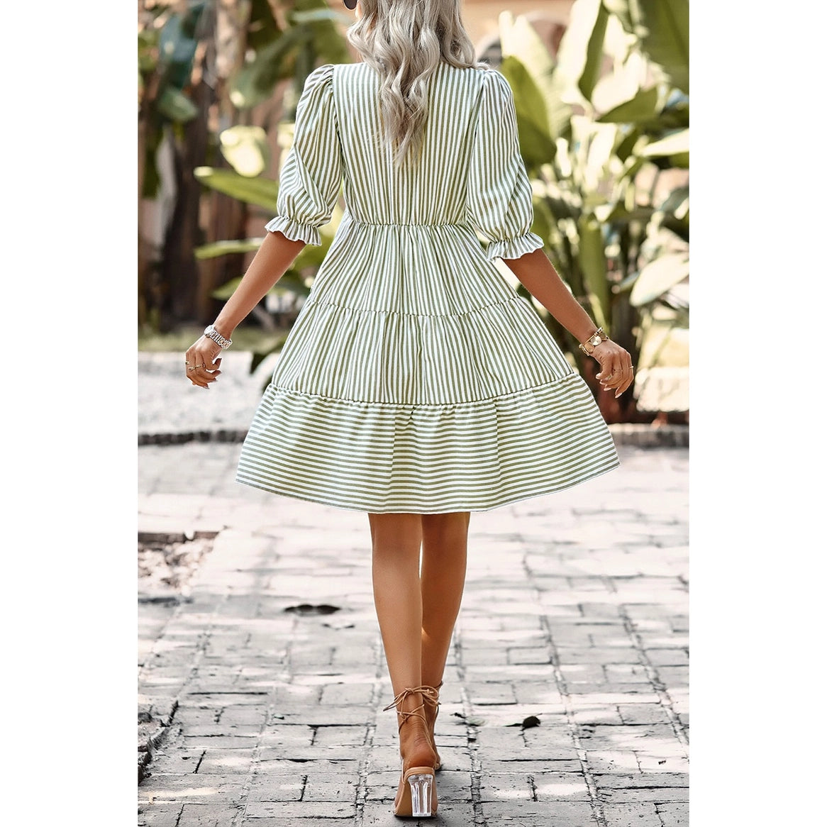 Striped V Neck Button Front Puff Sleeve Tiered Dress