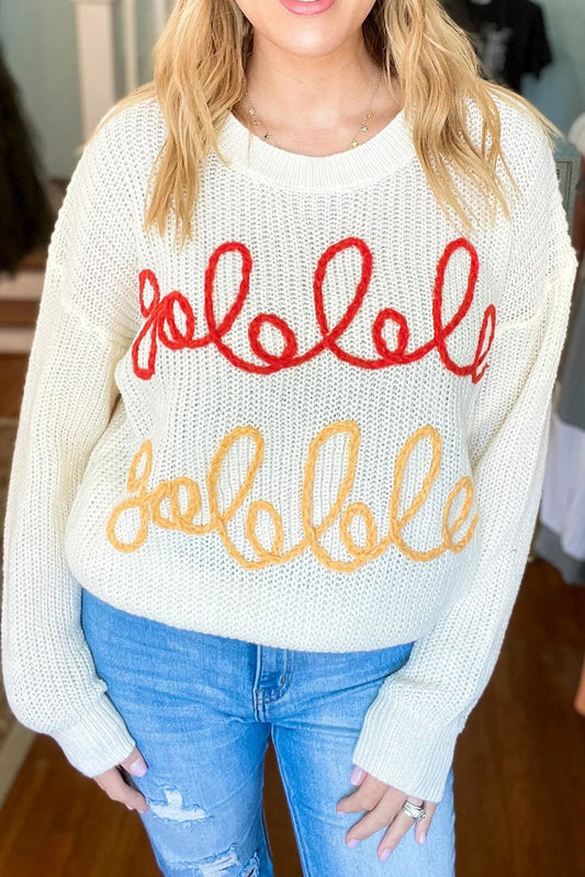 White Gobble Embroidered Graphic Thanksgiving Holiday Sweater