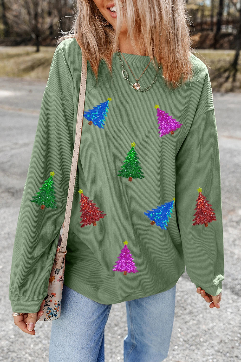 Grass Green Glitter Christmas Tree Patched Pattern Corded Baggy Sweatshirt