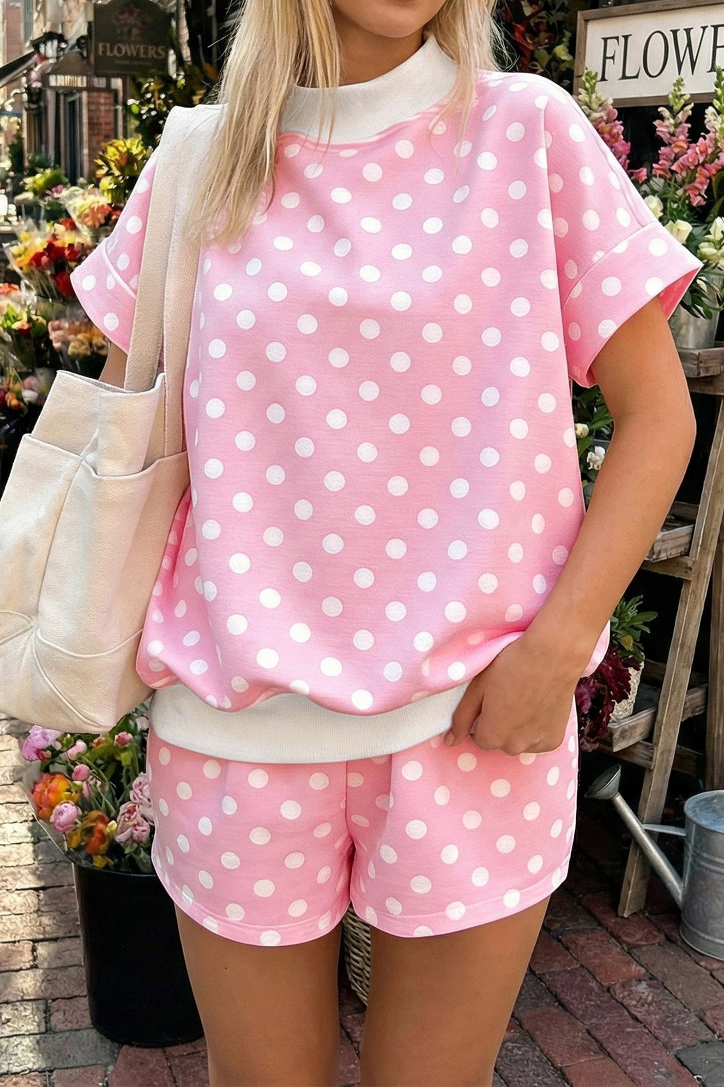 Sky Blue Polka Dot Print Color Block Trim Mock Neck Short Set