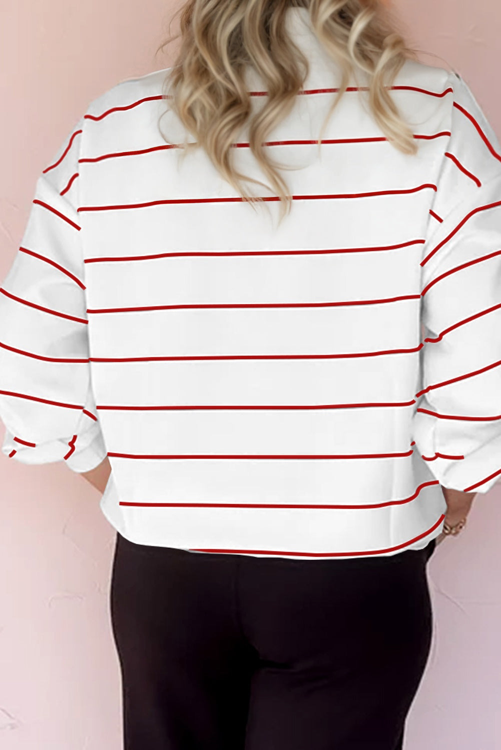 White Zip V Neck Casual Stripe Print Drop Shoulder Long Sleeve Top