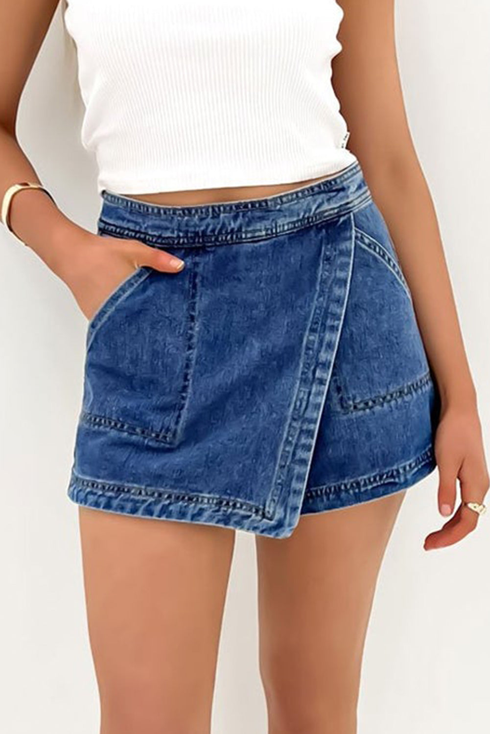 High Waist Faux Wrapped Denim Skort with Pockets