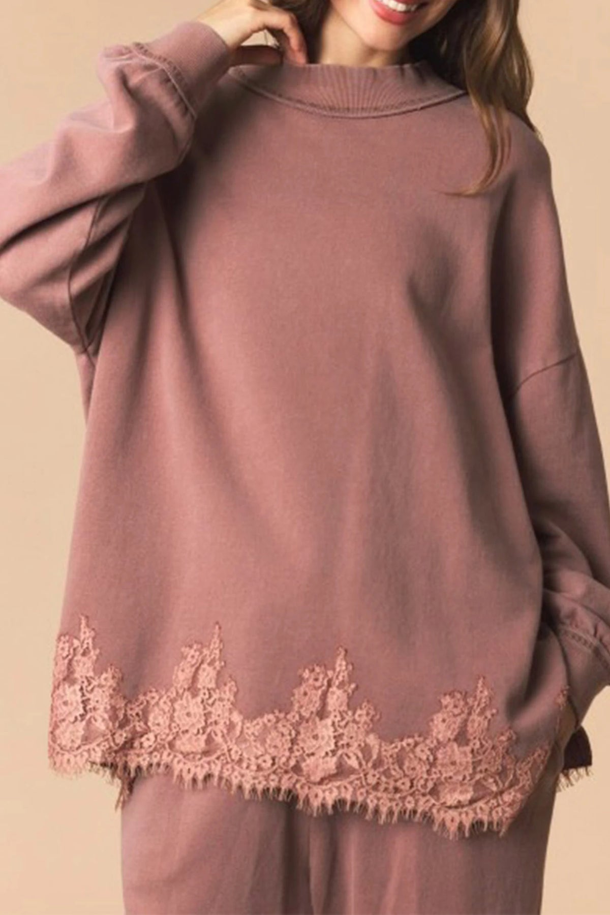 Racing Red Solid Color Lace Splicing Hem Mock Neck Pullover Sweatshirt