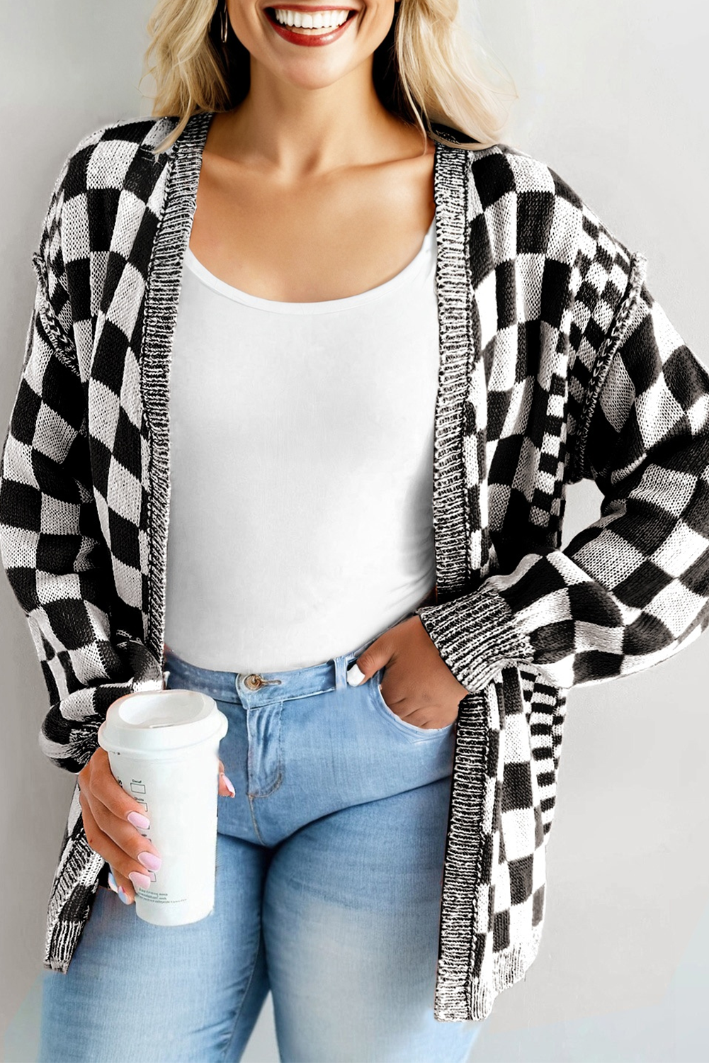 Orange Checkered Bubble Sleeve Drop Shoulder Open Cardigan
