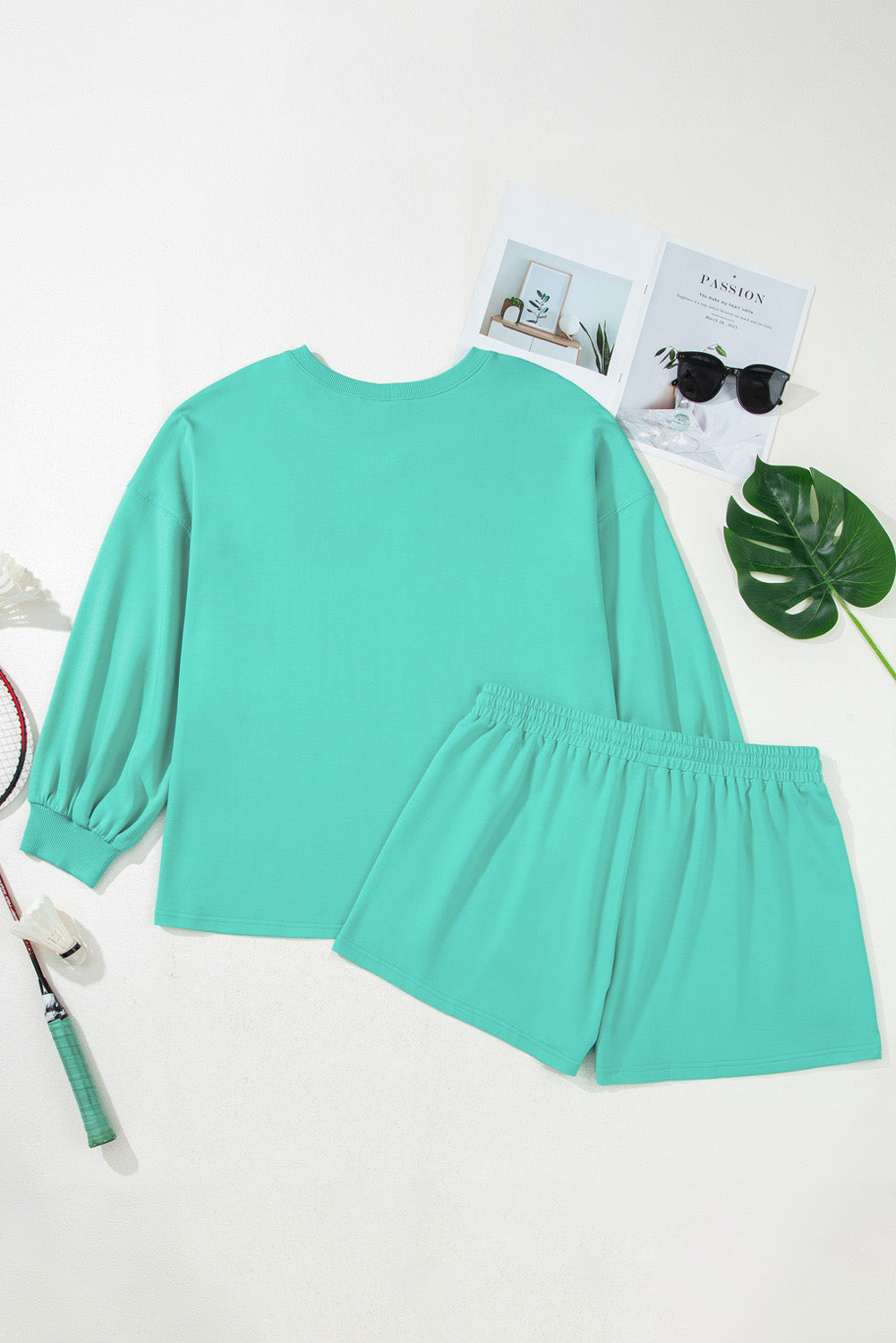 Sea Green Drop Shoulder V Neck Pullover Top and Drawstring Short Plus Size Set