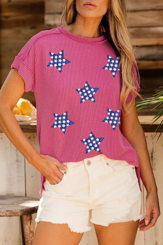 Rose Red Sequin Star Graphic Corded Side Split Patriotic T Shirt