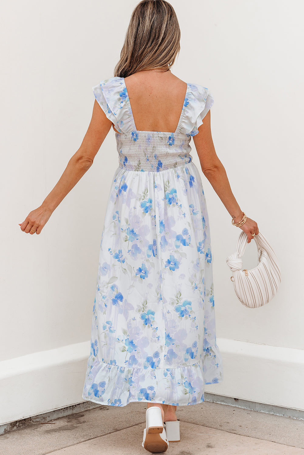 Sky Blue Floral Smocked High Waist Double Ruffle Sleeveless Long Dress