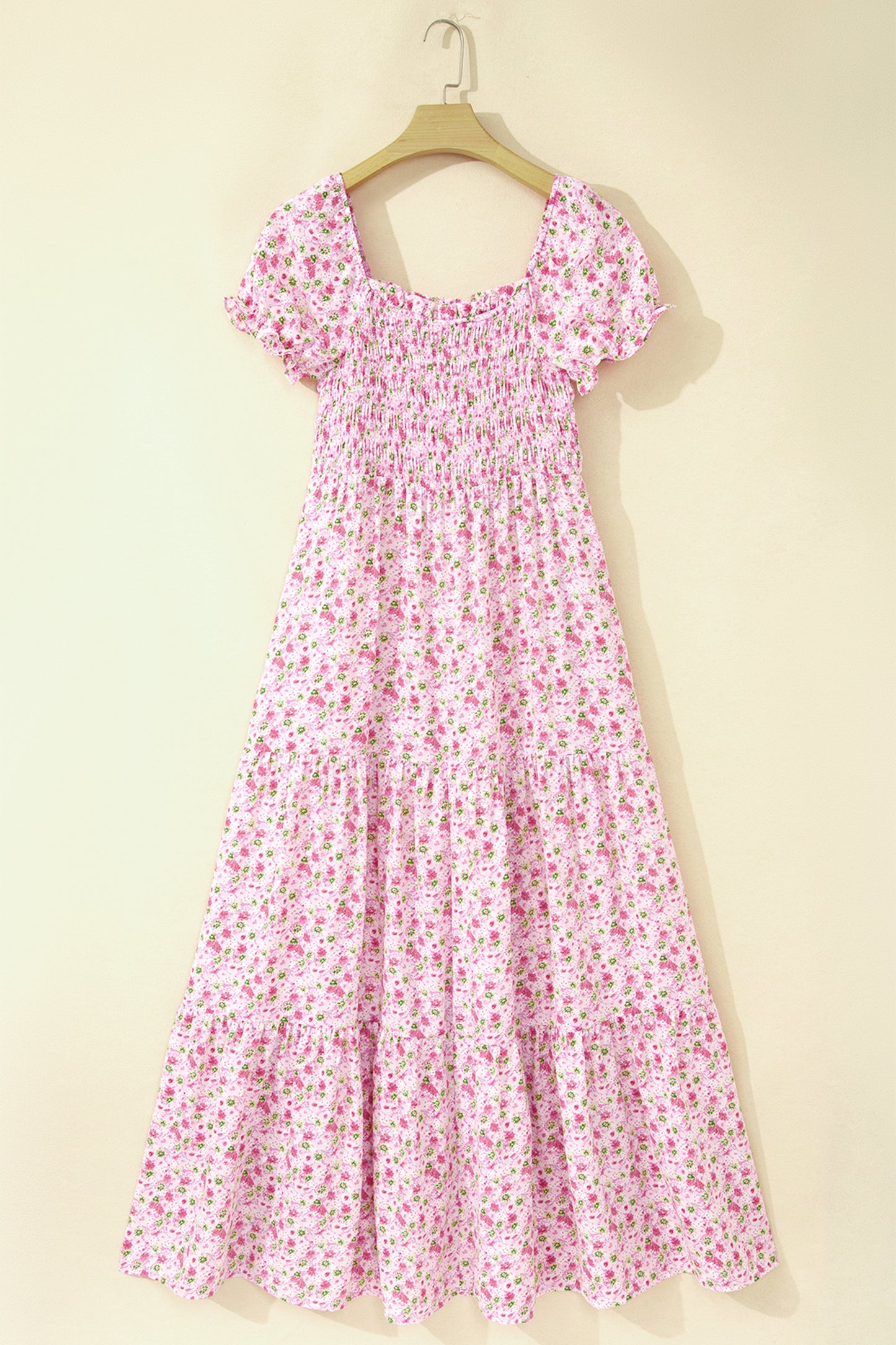 Green Floral Short Bubble Sleeve Shirred High Waist Maxi Dress