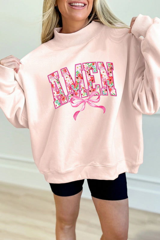 Apricot Pink AMEN Floral Bow Printed Mock Neck Sweatshirt