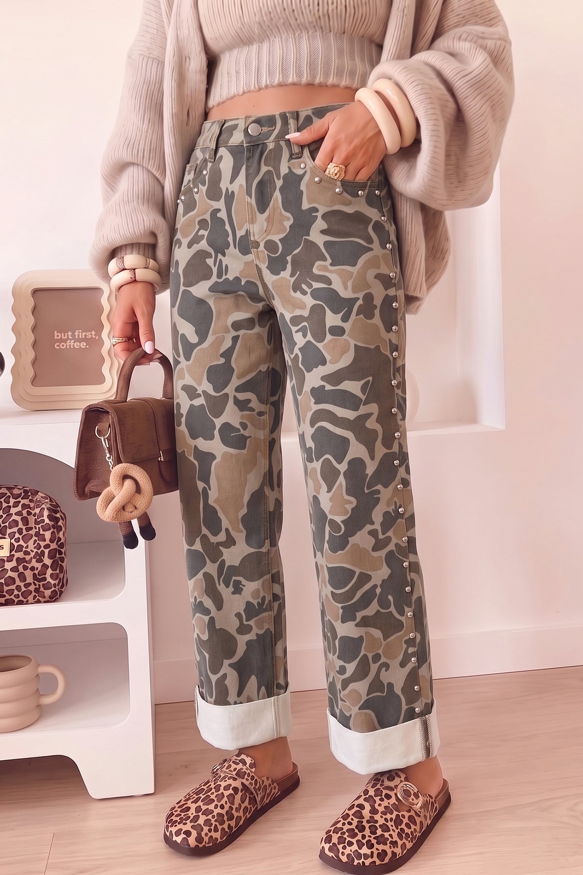 Multicolour Camouflage Studded Straight Loose Jeans
