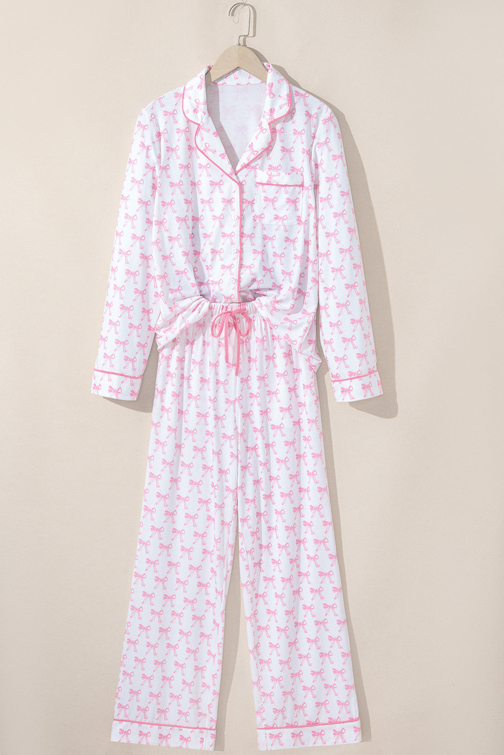 Sky Blue Bow Print Long Sleeve Shirt and Pants Soft Pajama Set