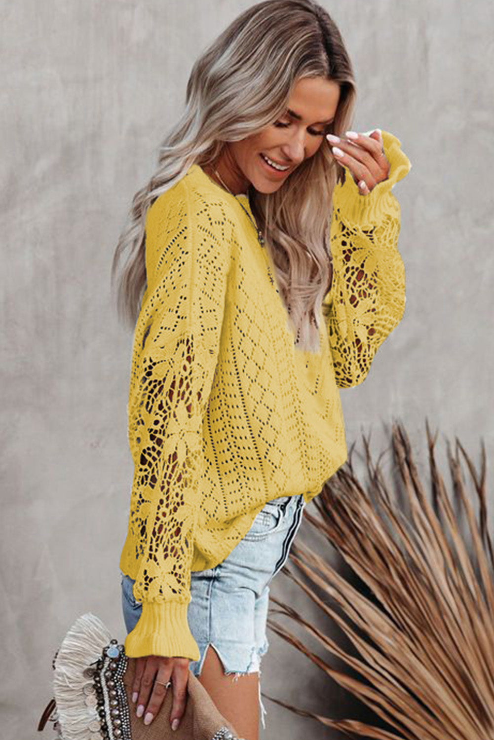 Yellow Crochet Lace Pointelle Knit Sweater