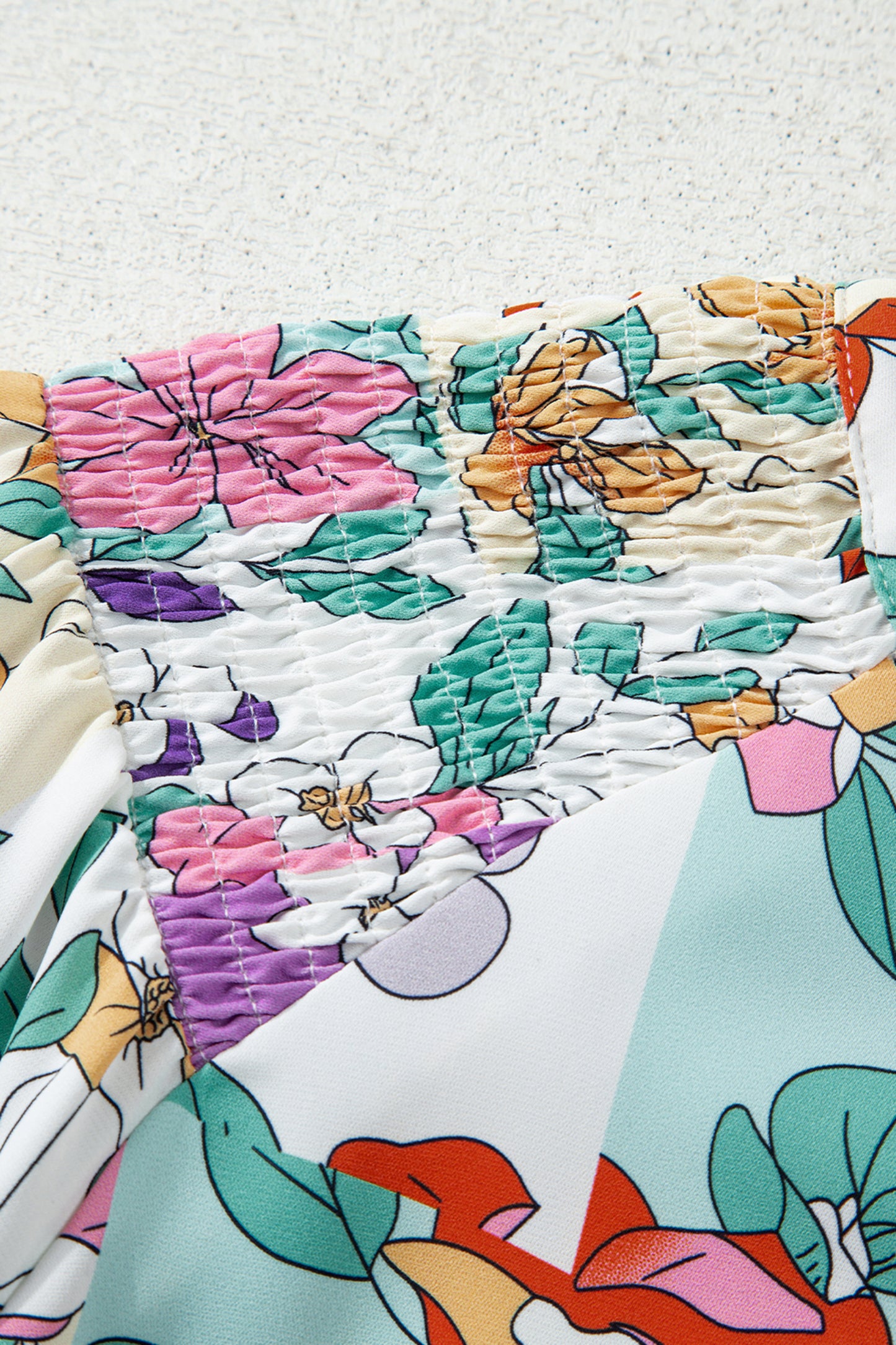 Pink Floral Print Patchwork Frilly Neckline Long Sleeve Shirt