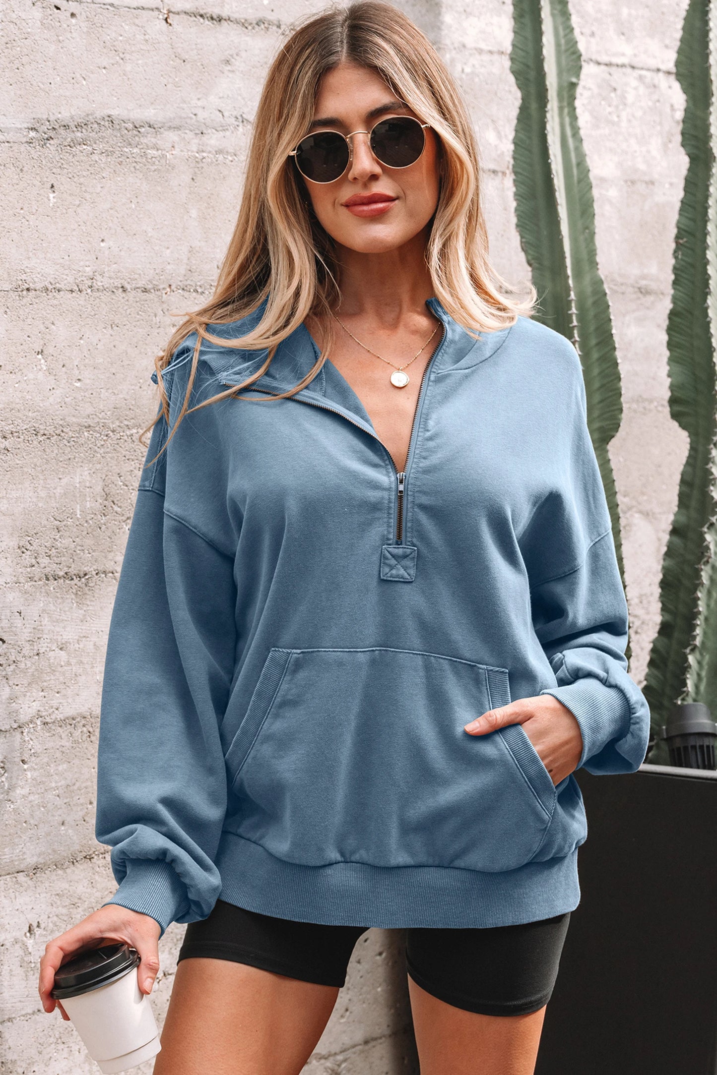 Canton Half Zip Kangaroo Pocket Mineral Wash Baggy Hoodie