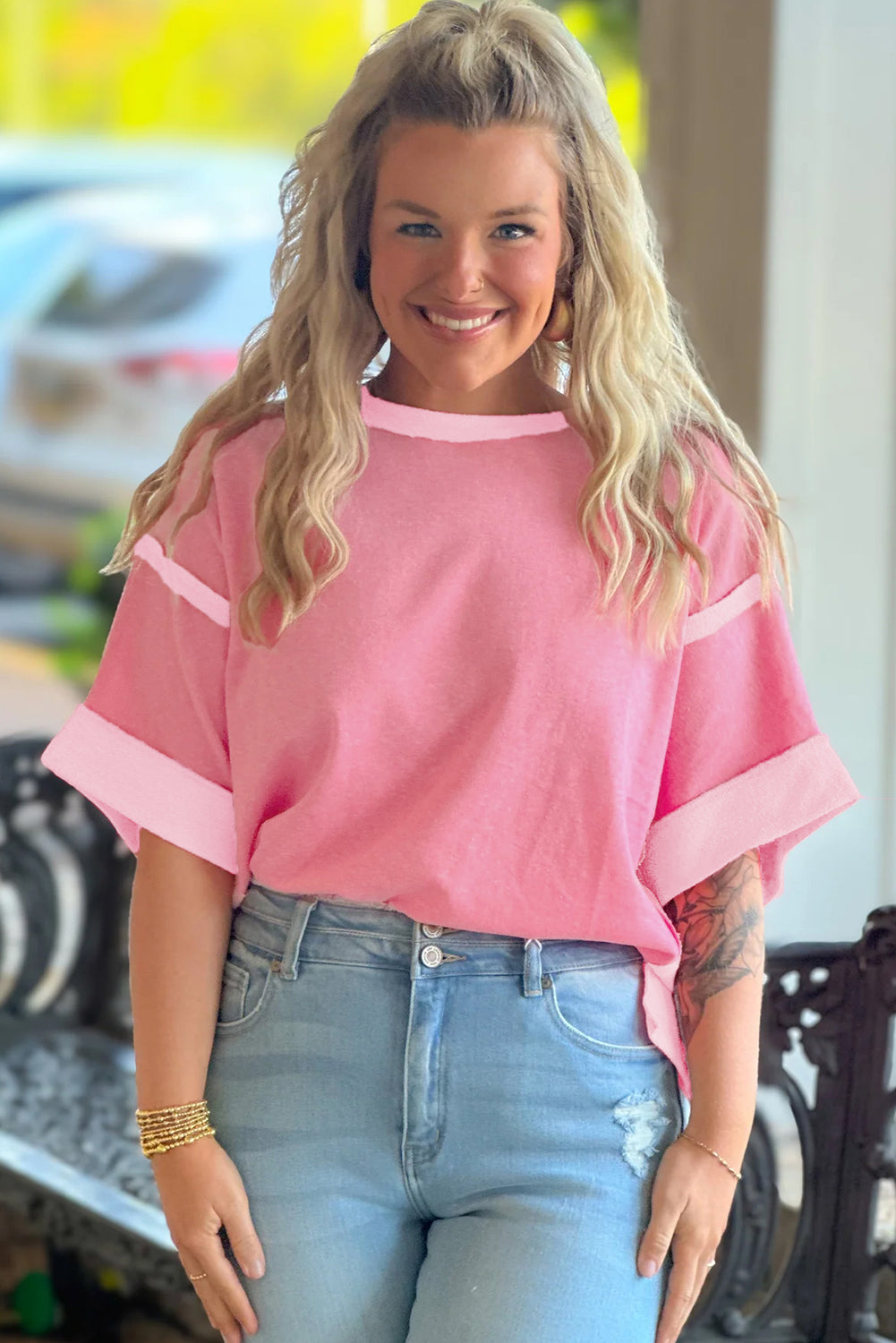 Peach Blossom Two Tones Patchwork Half Sleeve Plus Size T Shirt