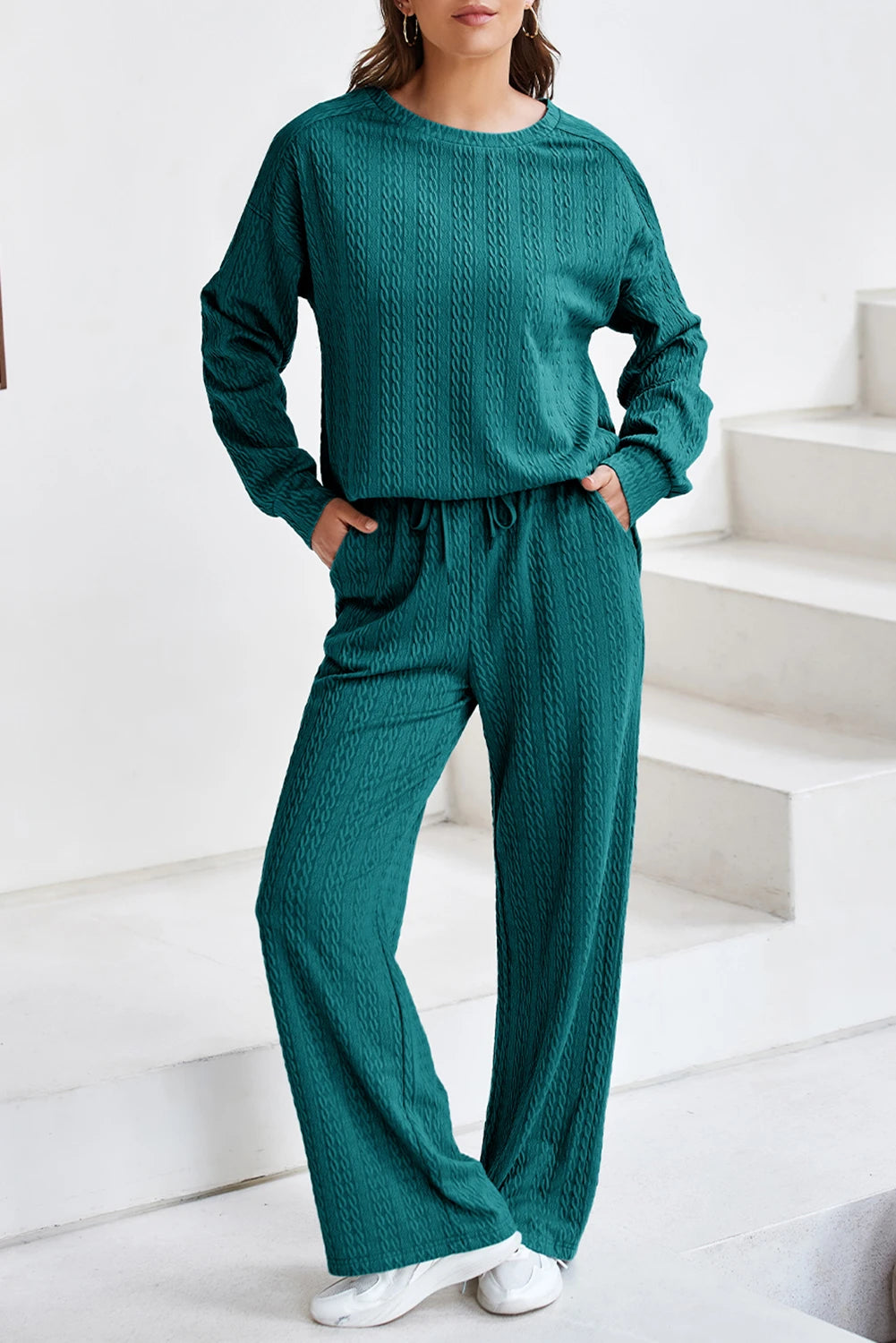 Textured Round Neck Sweatshirt & Loose Drawstring High Waist Pant Set