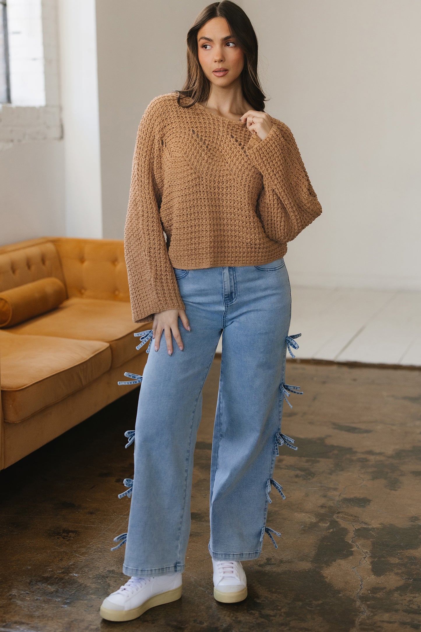 Camel Hollowed Detail Wide Sleeve Loose Pullover Sweater