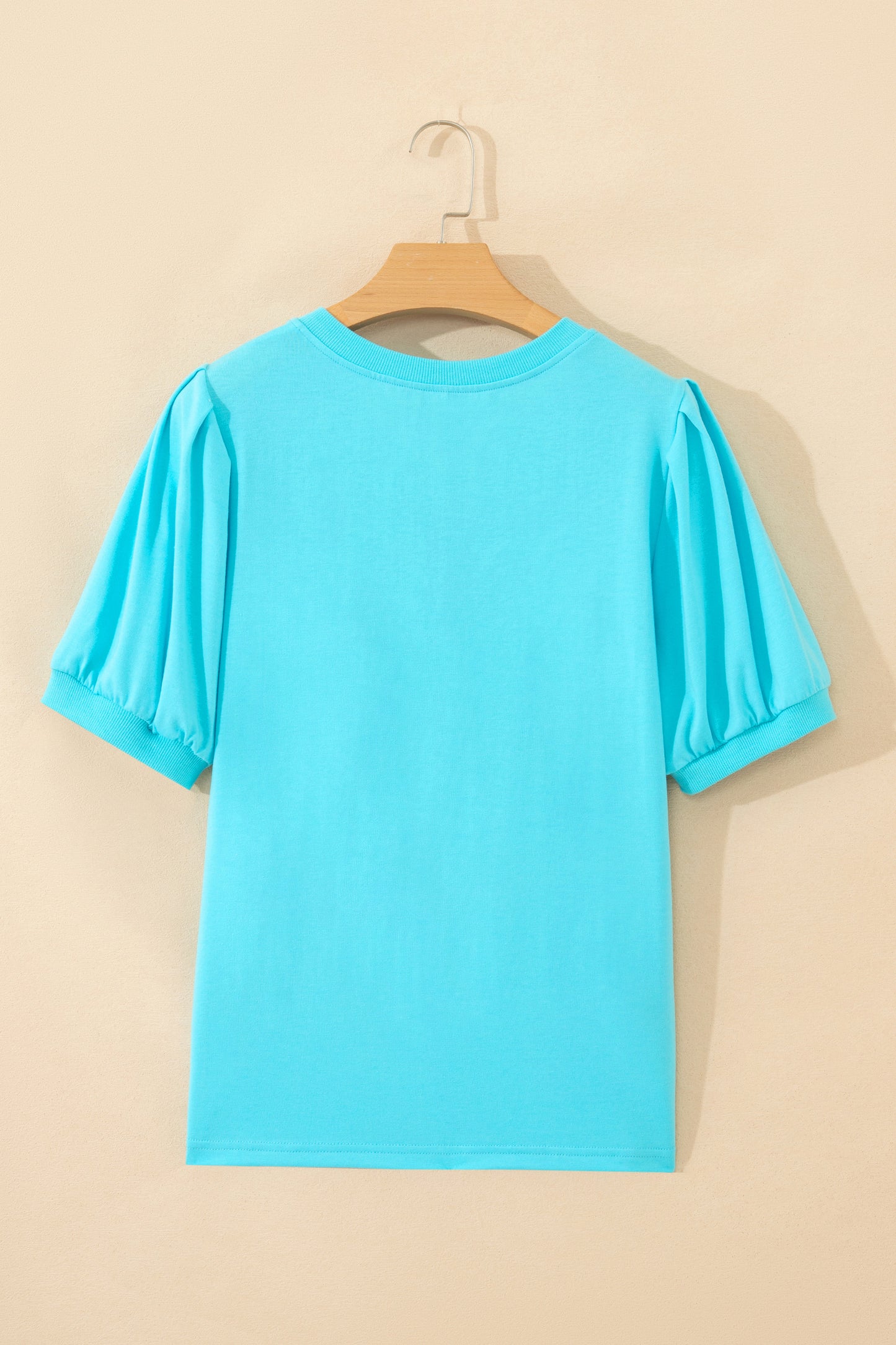 Bonbon Solid Color V Neck Short Puff Sleeve Blouse