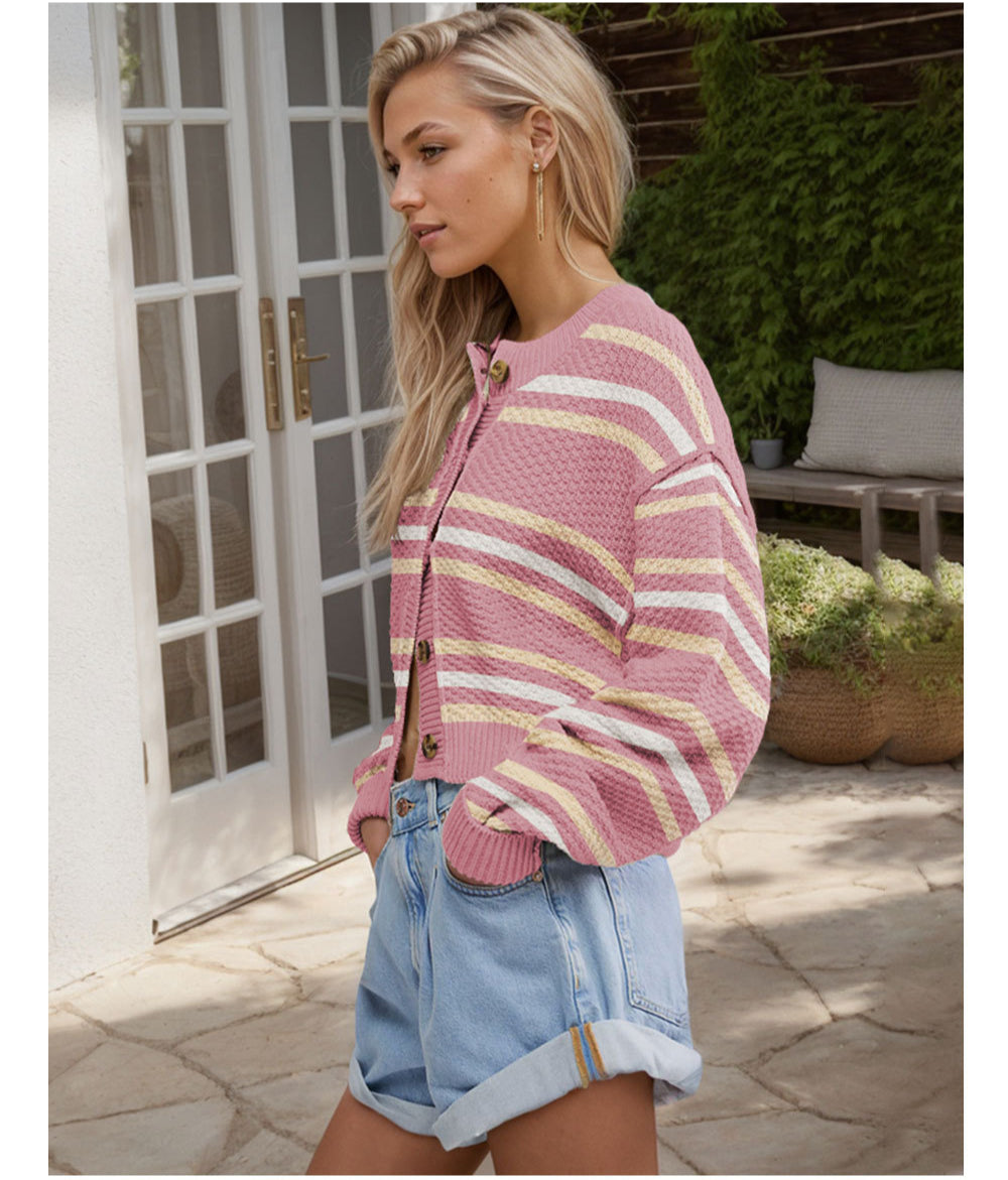 Colorblock Knit Cardigan | Button Down Cropped Sweater