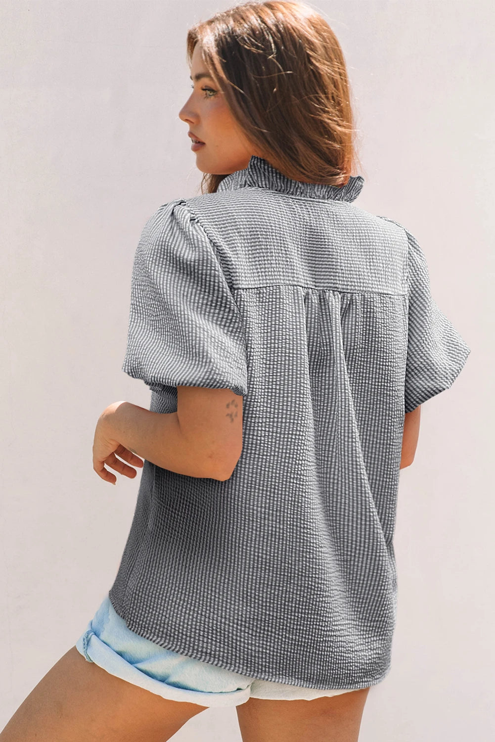 Beau Blue Striped Ruffle Short Bubble Sleeve Shirt