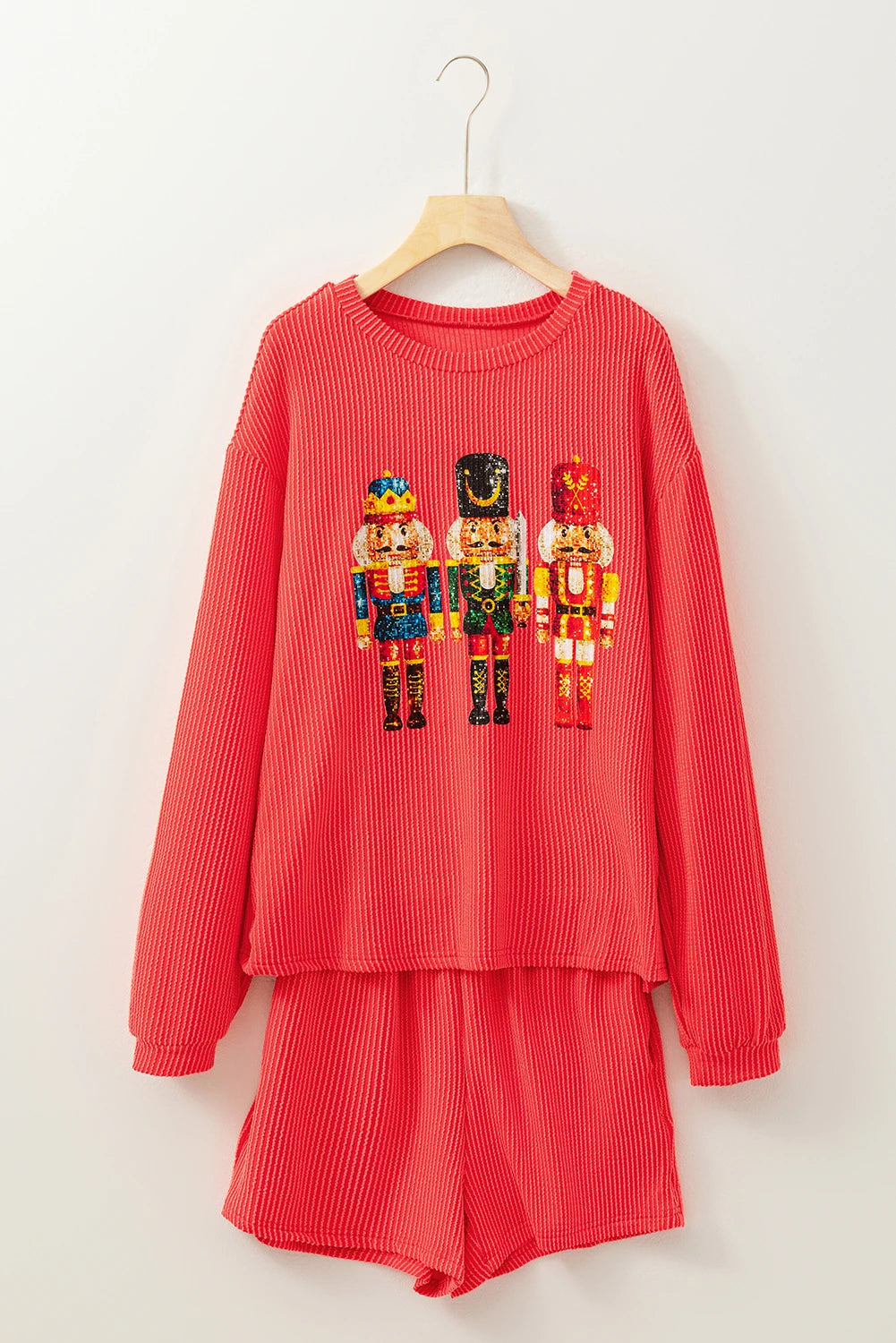 Gold Flame Heat Transfer Christmas Nutcracker Ribbed Long Sleeve Top Shorts Set