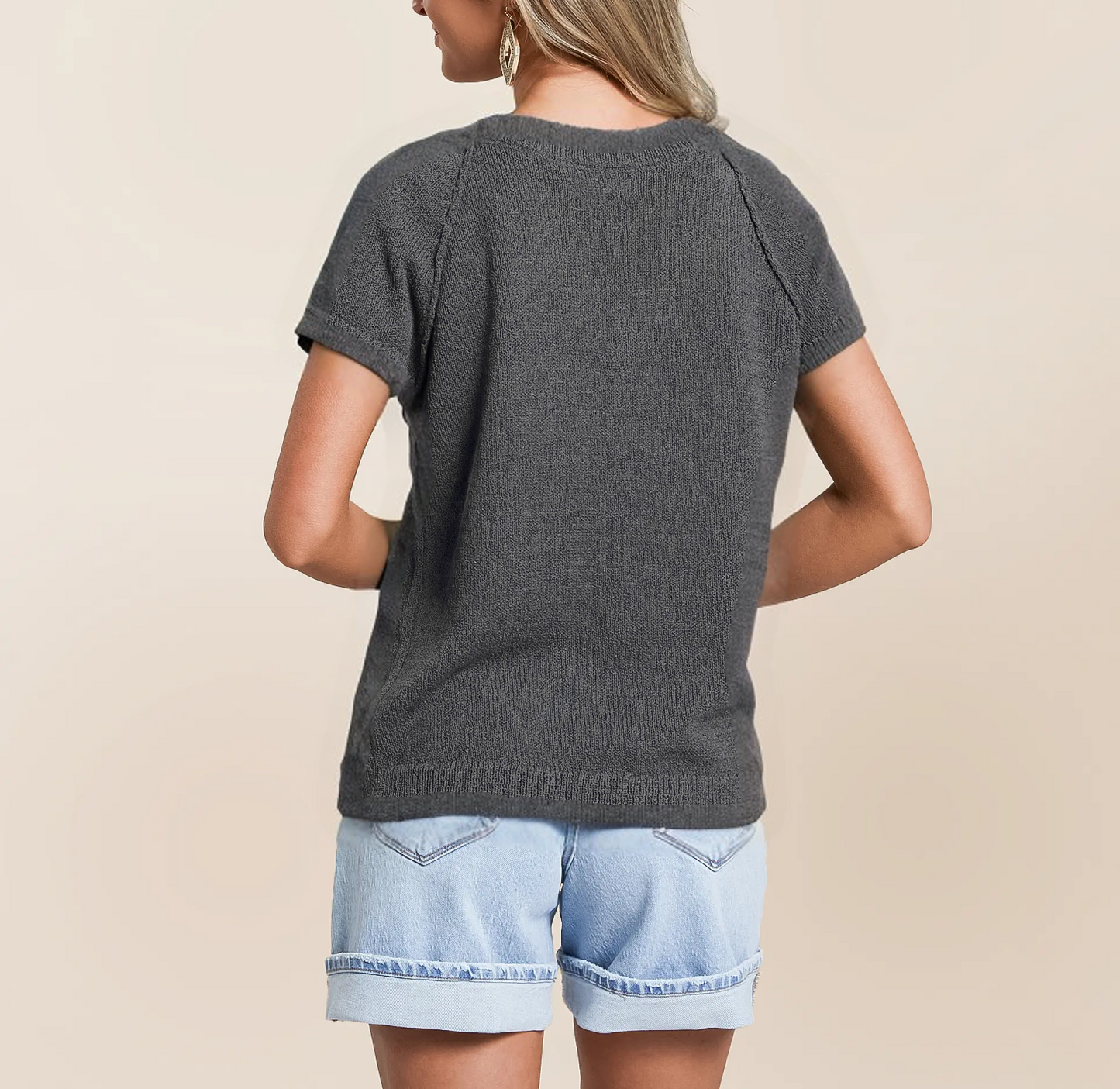V Neck Short Sleeve Knit Sweater Top for Women