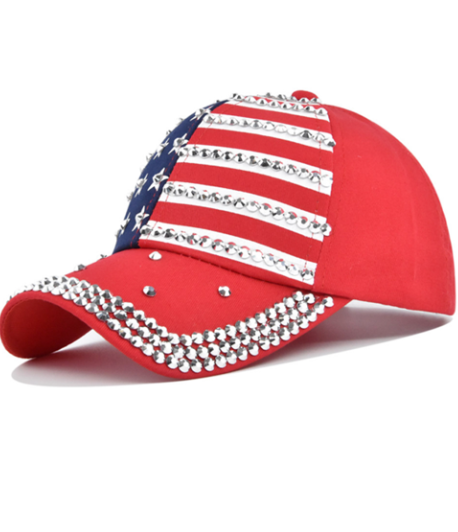 Fiery Red American Flag Rhinestone Decor Baseball Cap