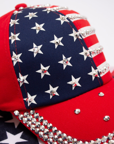 Fiery Red American Flag Rhinestone Decor Baseball Cap
