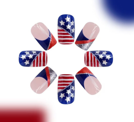 Dark Blue American Flag Shiny Square False Nails